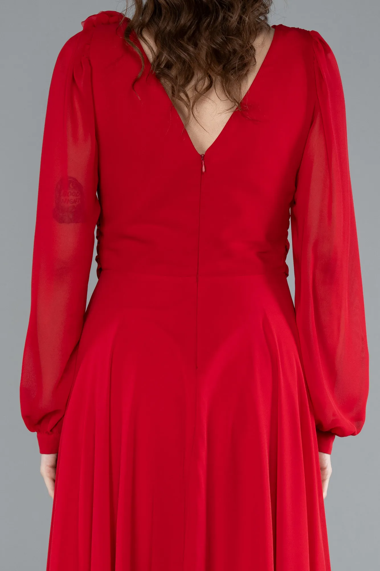 Red-Long Sleeve Midi Chiffon Cocktail Dress ABK2268