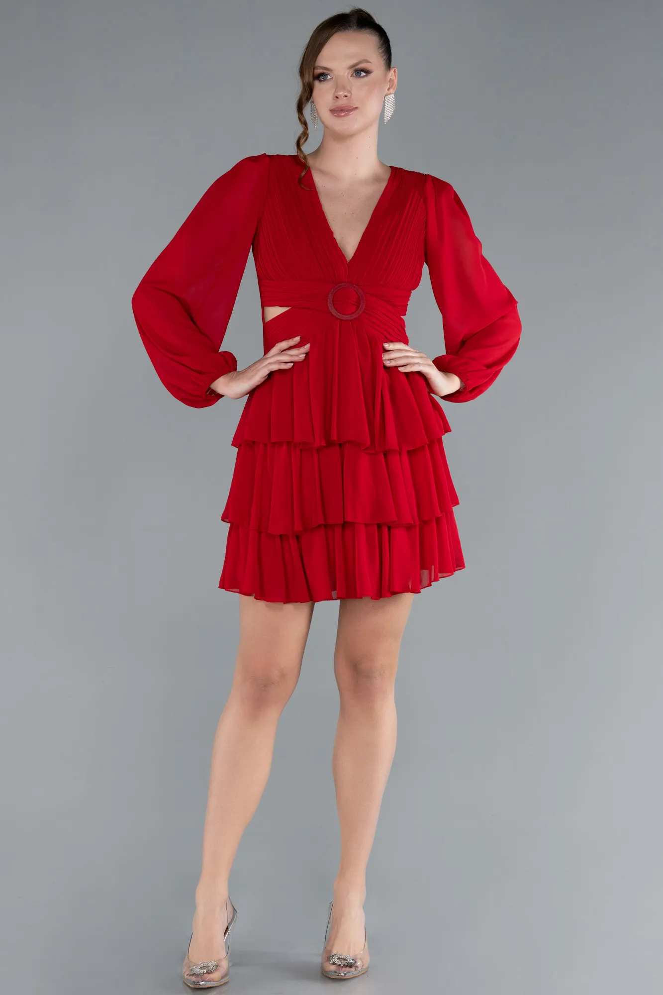 Red-Long Sleeve V Neck Chiffon Short Cocktail Dress ABK2281
