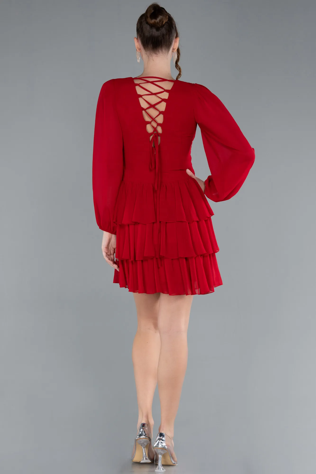Red-Long Sleeve V Neck Chiffon Short Cocktail Dress ABK2281