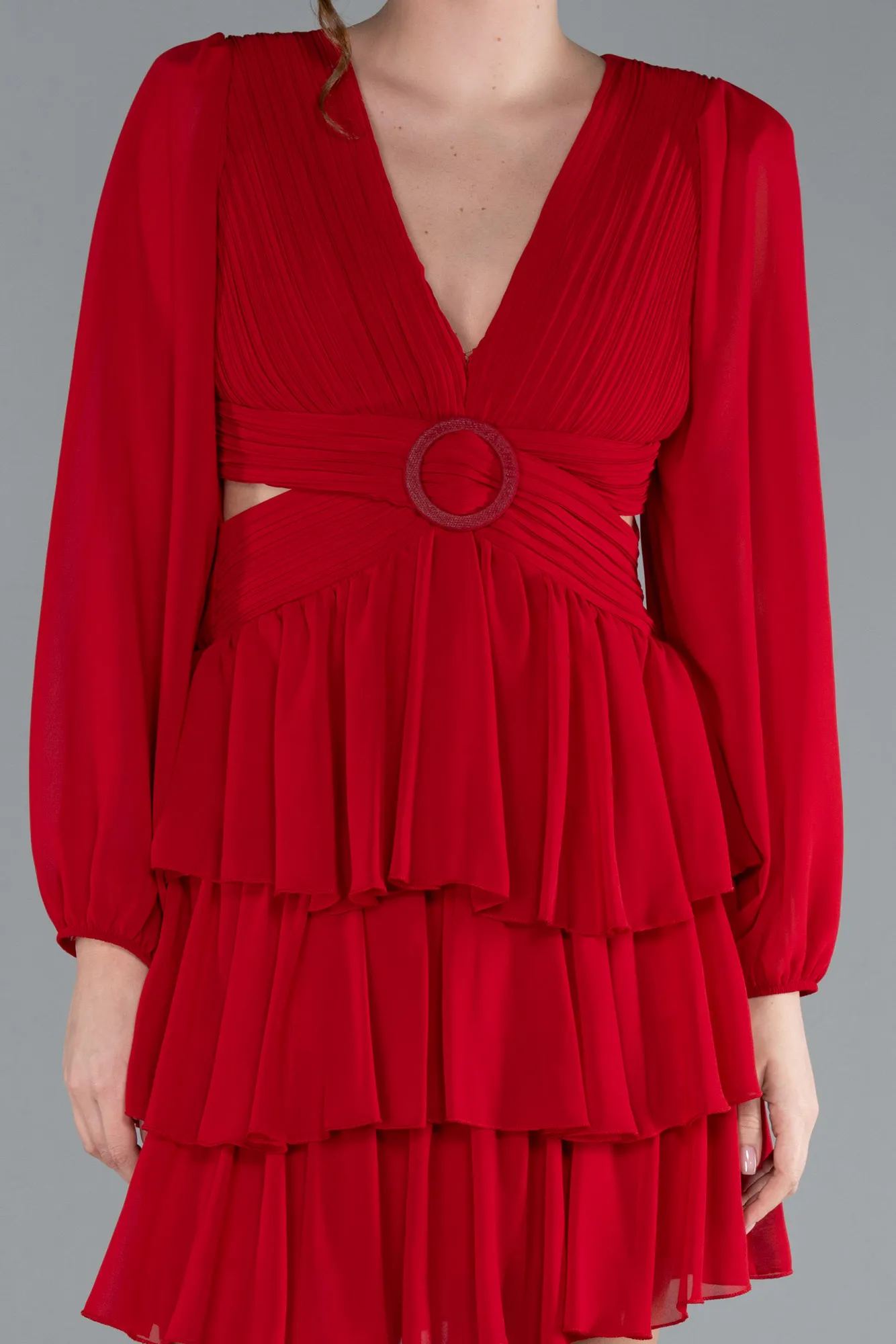 Red-Long Sleeve V Neck Chiffon Short Cocktail Dress ABK2281