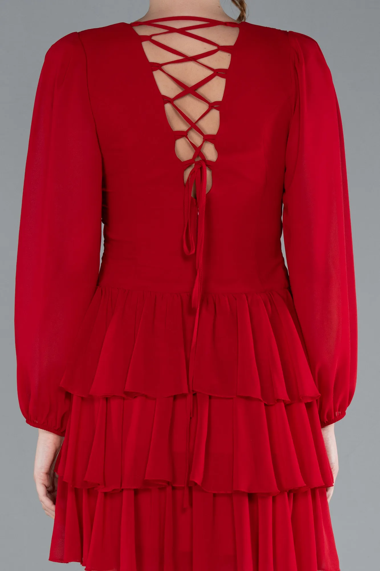 Red-Long Sleeve V Neck Chiffon Short Cocktail Dress ABK2281