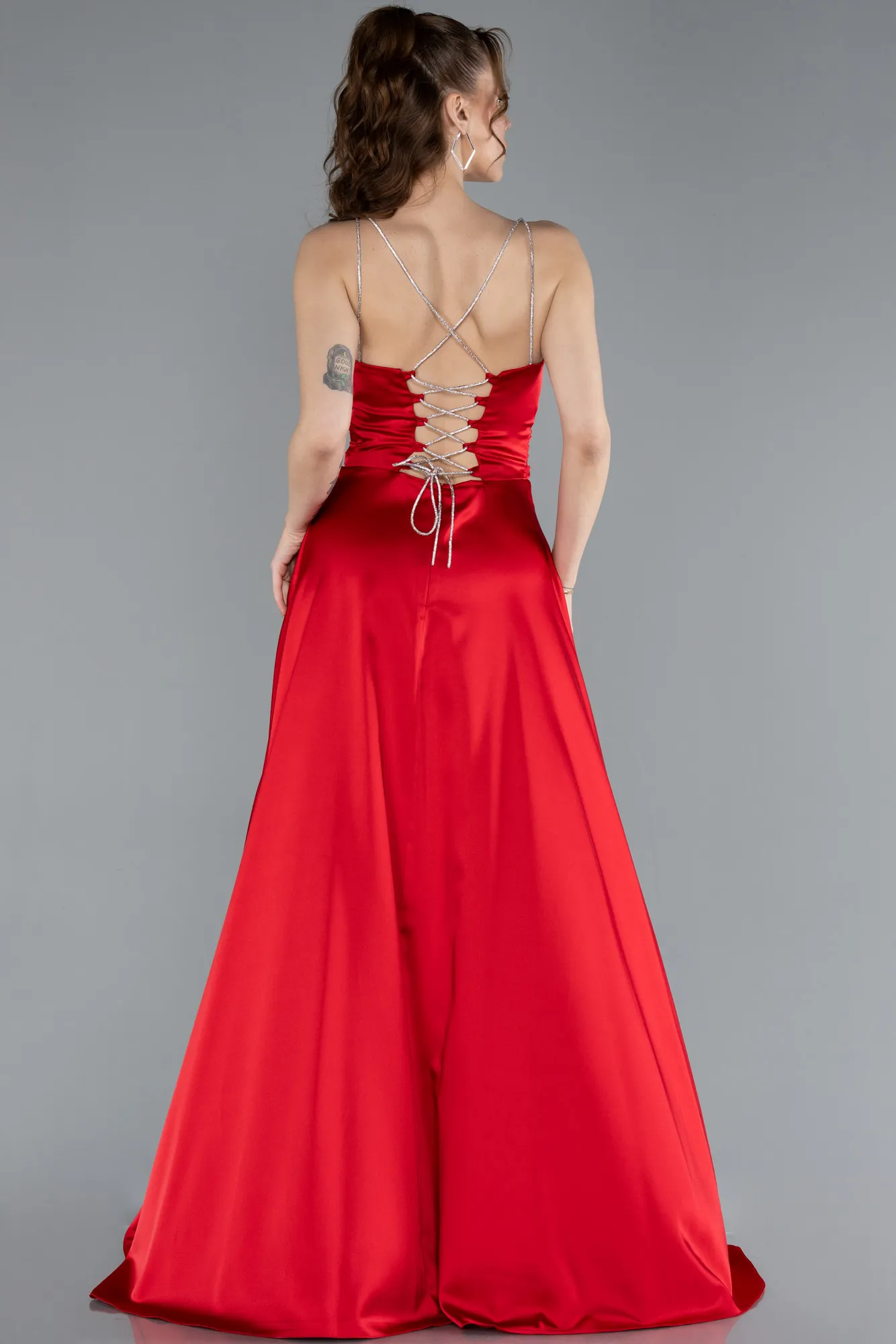 Red-Low Cut Back Long Satin Prom Dress ABU4702