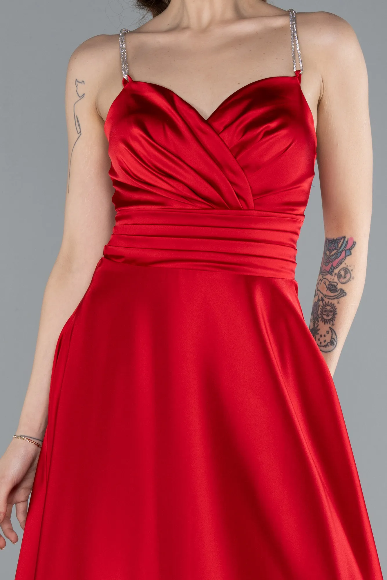 Red-Low Cut Back Long Satin Prom Dress ABU4702