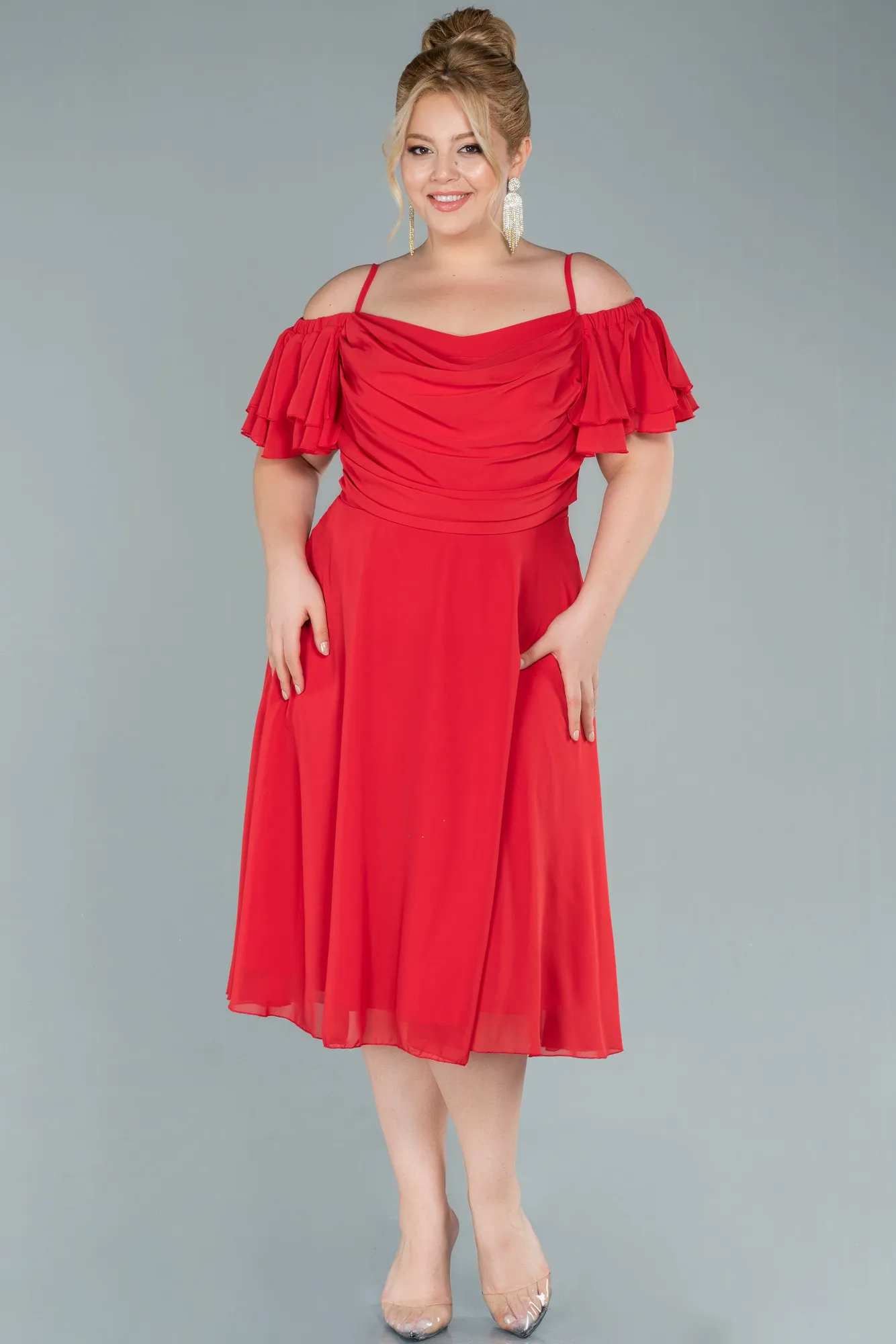 Red-Midi Chiffon Plus Size Evening Dress ABK1475