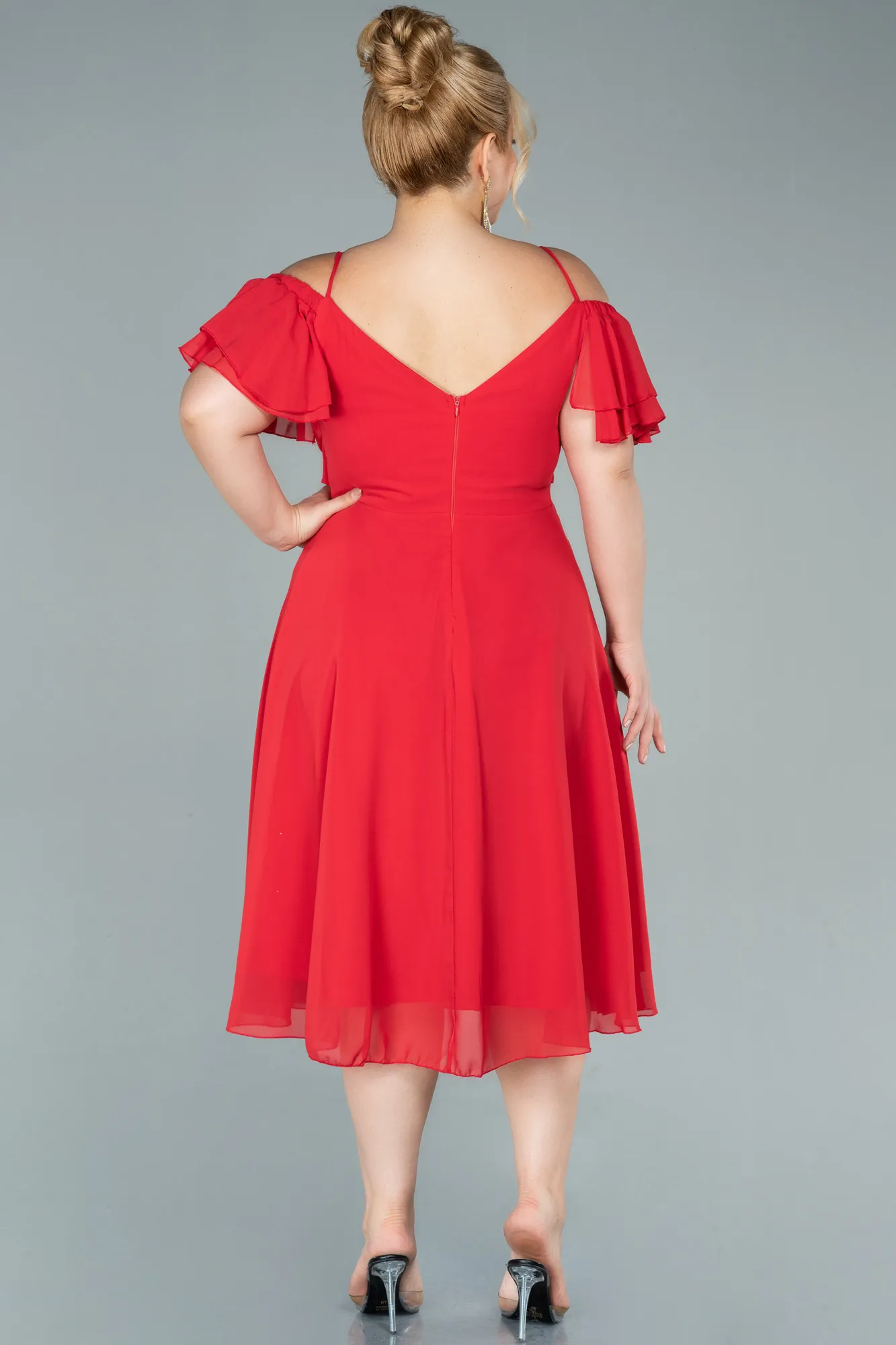 Red-Midi Chiffon Plus Size Evening Dress ABK1475