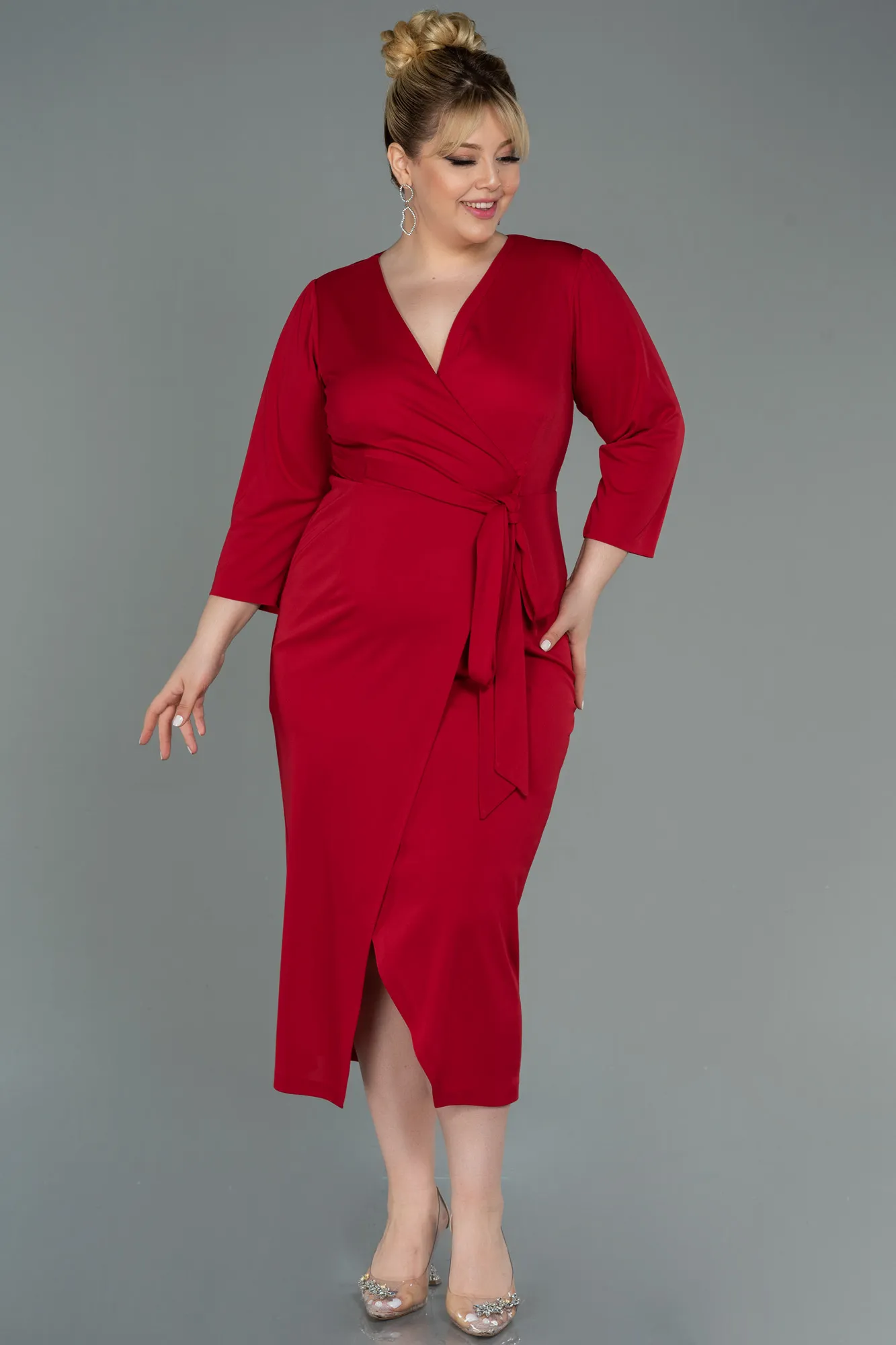Red-Midi Plus Size Evening Dress ABK1744