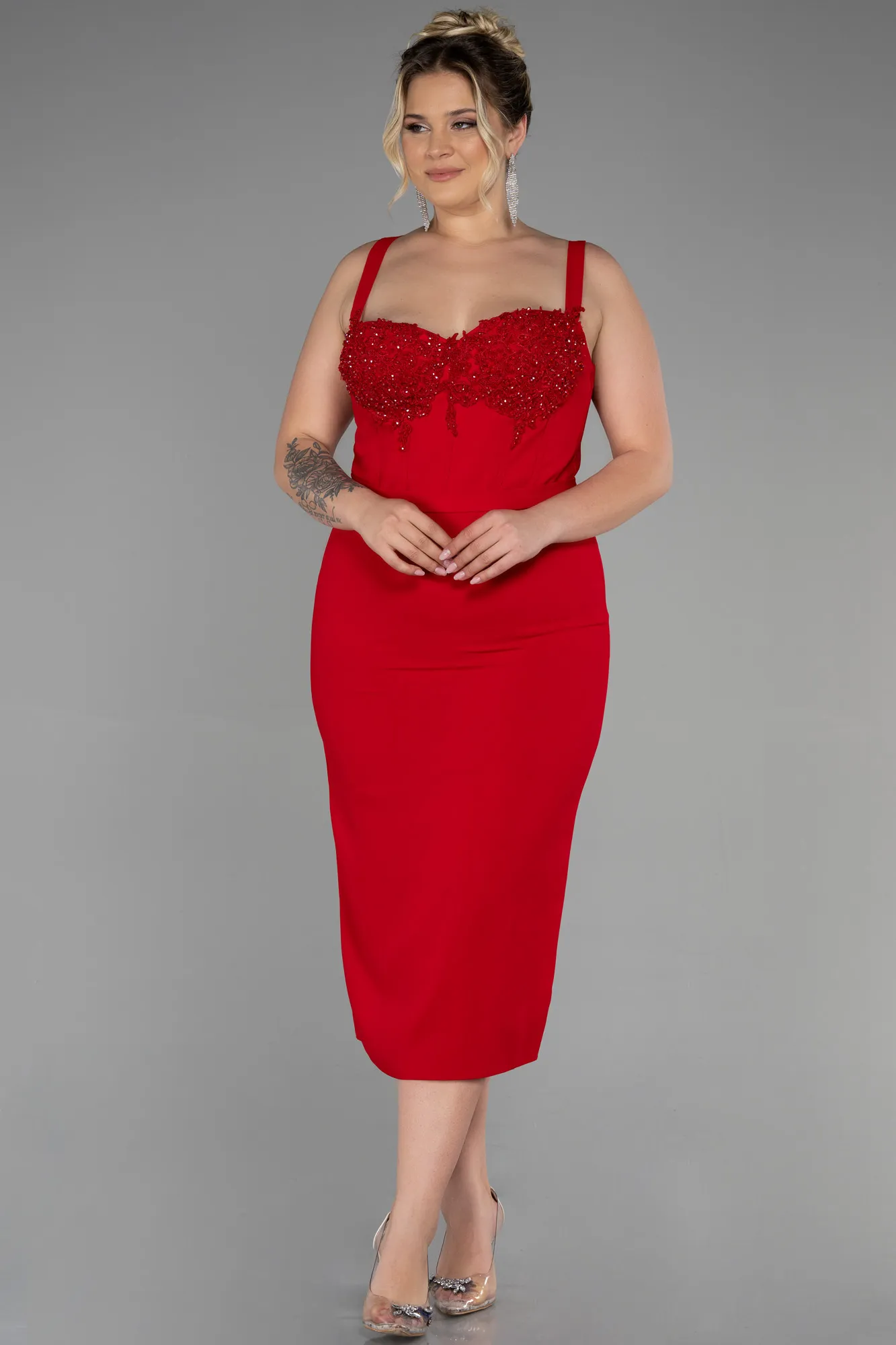 Red-Midi Plus Size Invitation Dress ABK1882