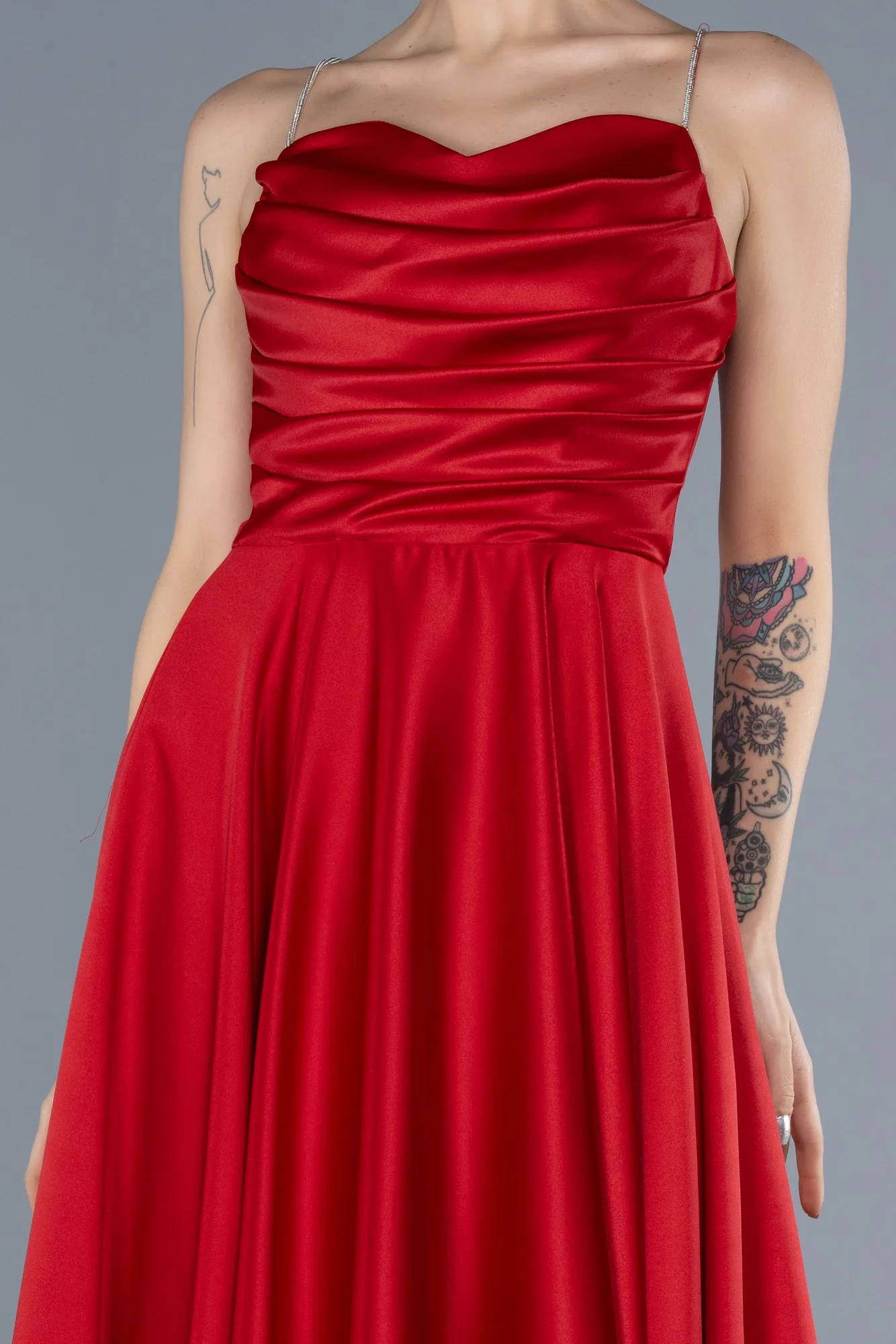 Red-Midi Satin Cocktail Dress ABK2240