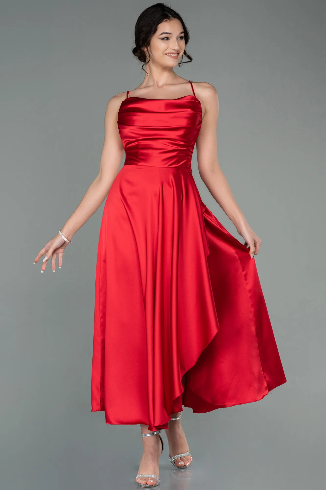 Red-Midi Satin Invitation Dress ABK1586