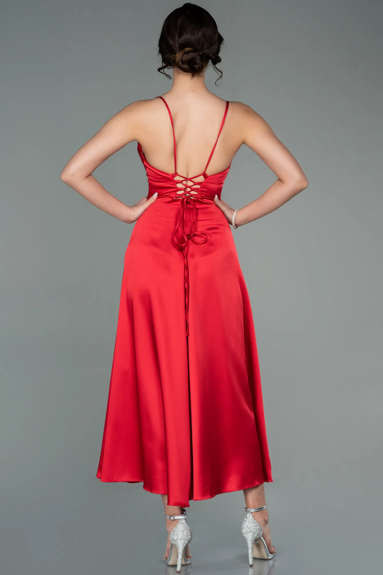 Red-Midi Satin Invitation Dress ABK1586