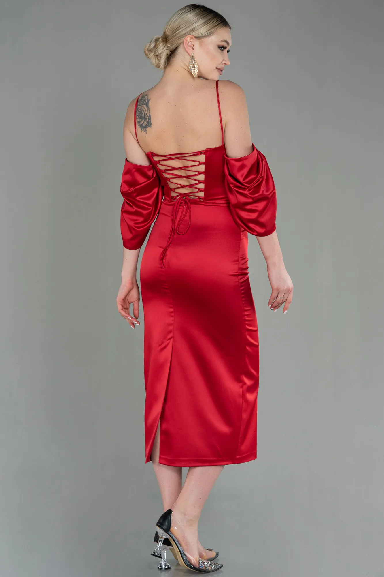 Red-Midi Satin Invitation Dress ABK1676