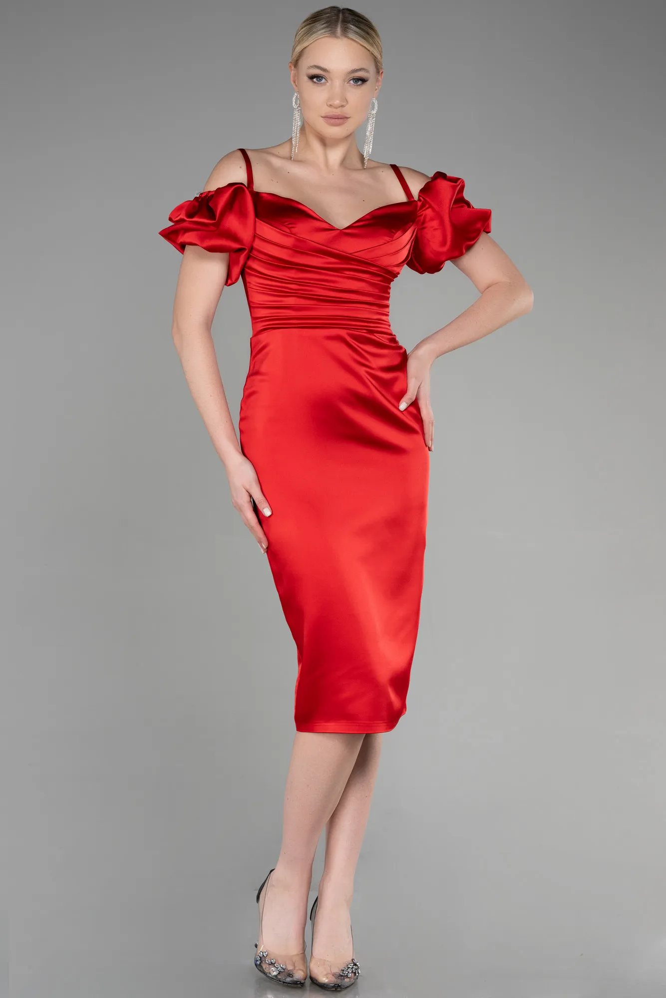 Red-Midi Satin Invitation Dress ABK1922