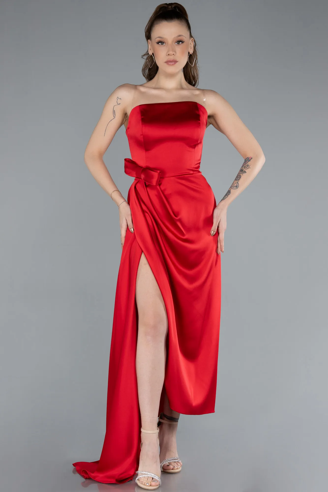 Red-Midi Satin Prom Gown ABK2265