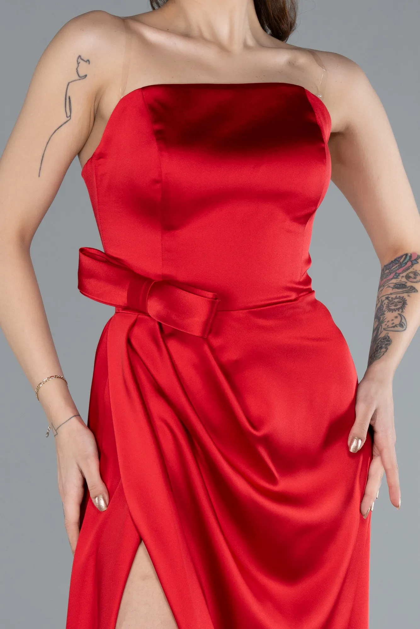 Red-Midi Satin Prom Gown ABK2265