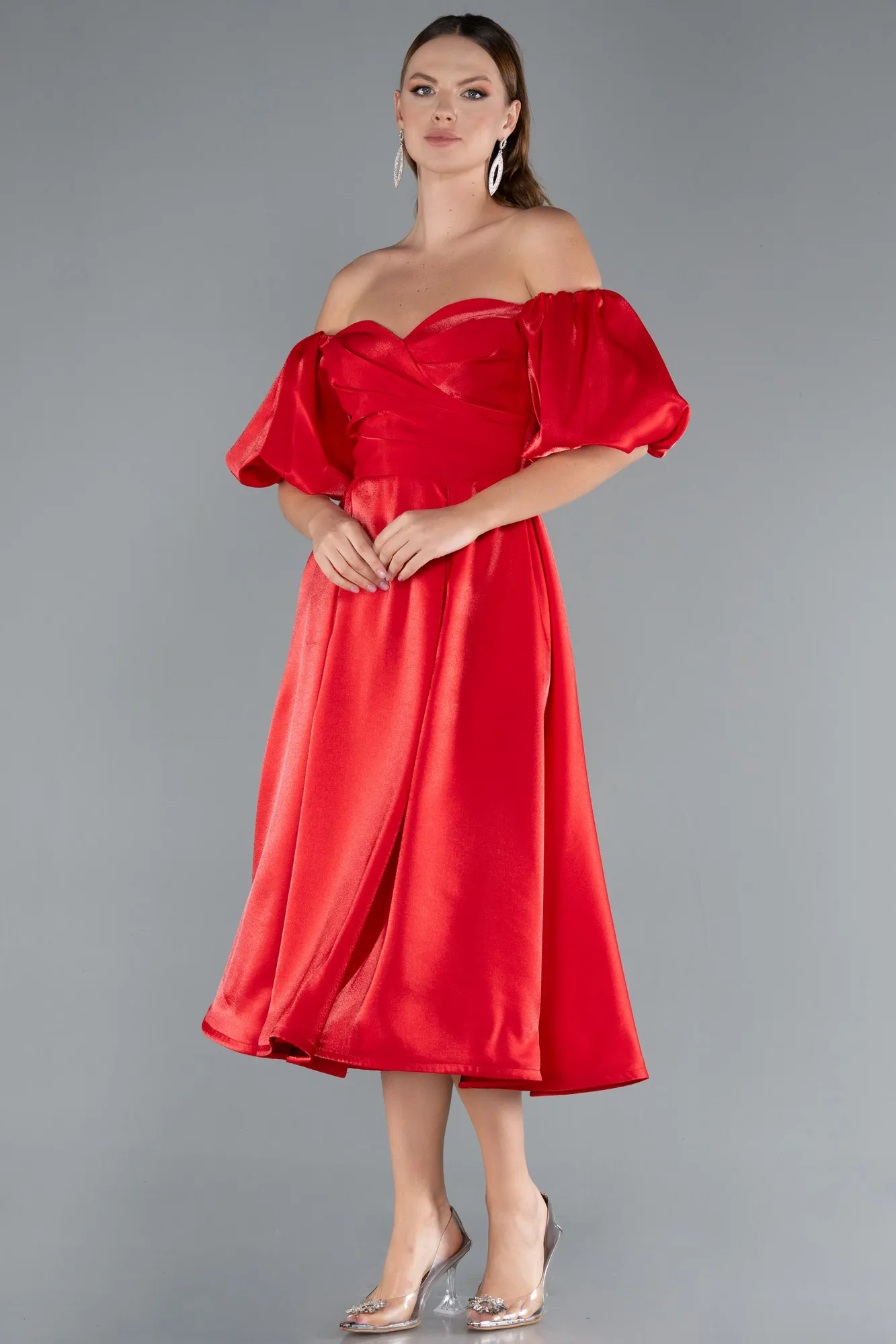 Red-Off Shoulder Puff Sleeve Satin Midi Dress ABK2315