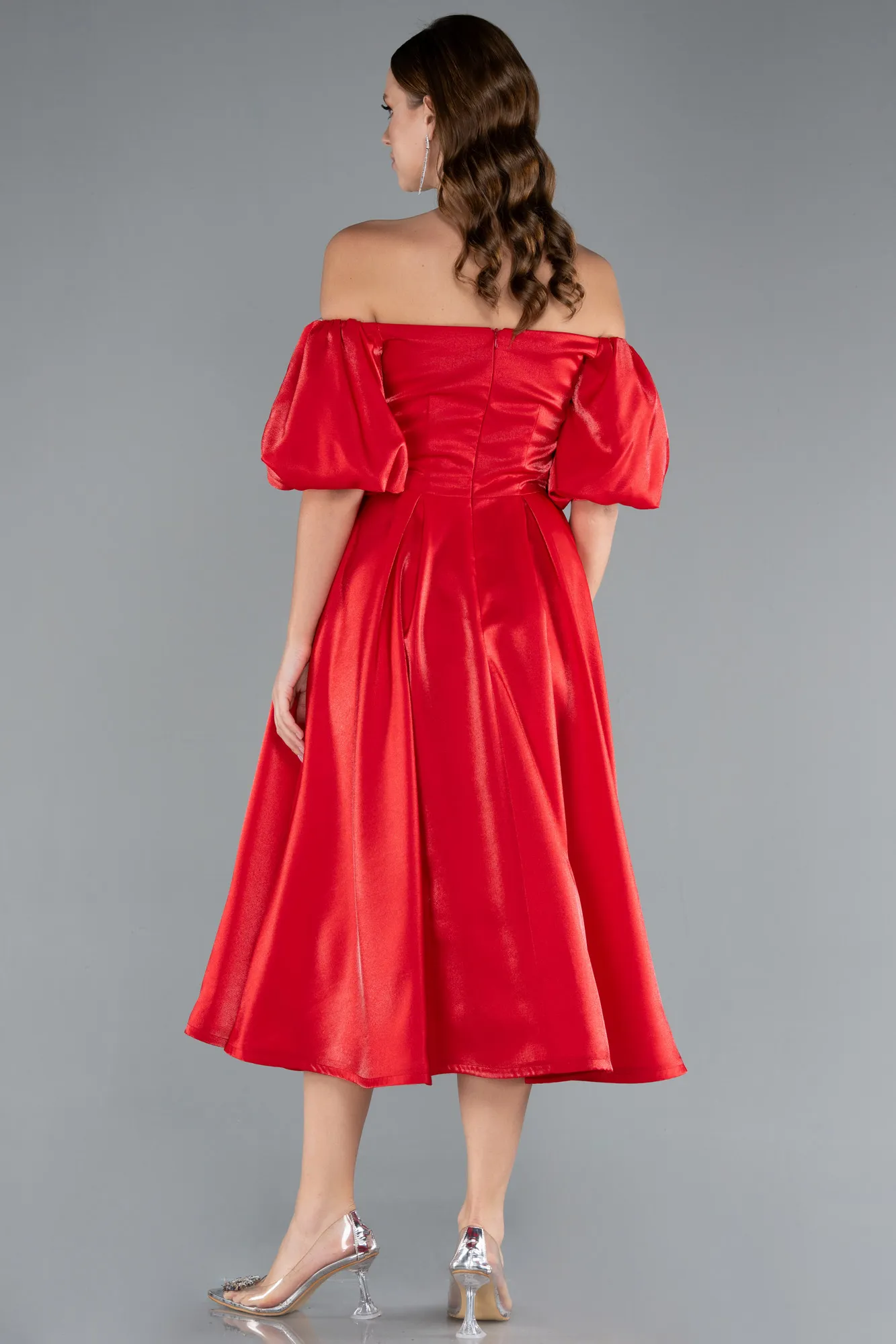 Red-Off Shoulder Puff Sleeve Satin Midi Dress ABK2315
