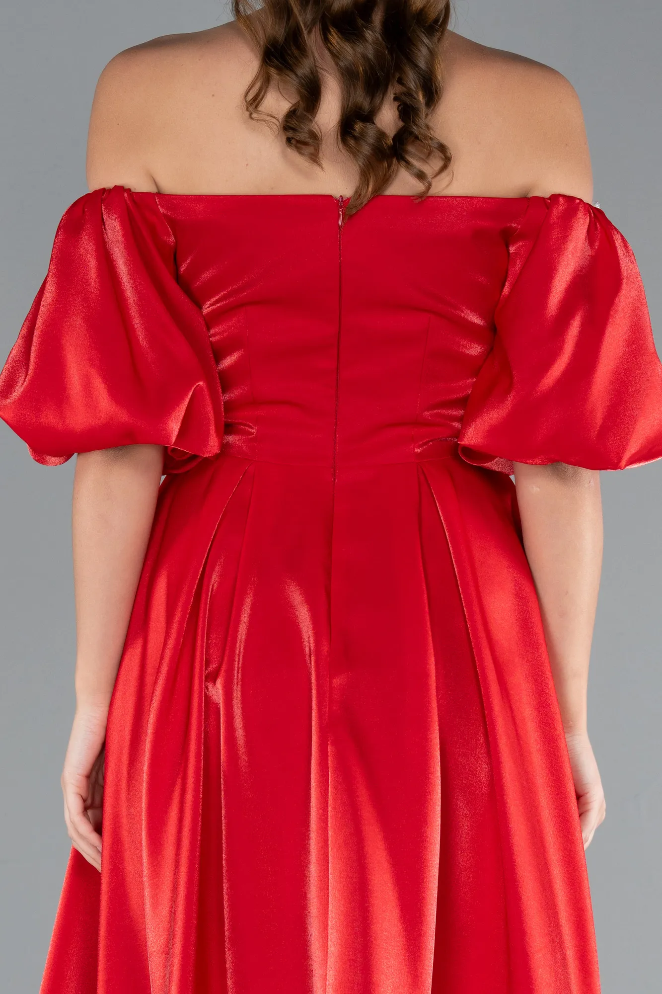 Red-Off Shoulder Puff Sleeve Satin Midi Dress ABK2315