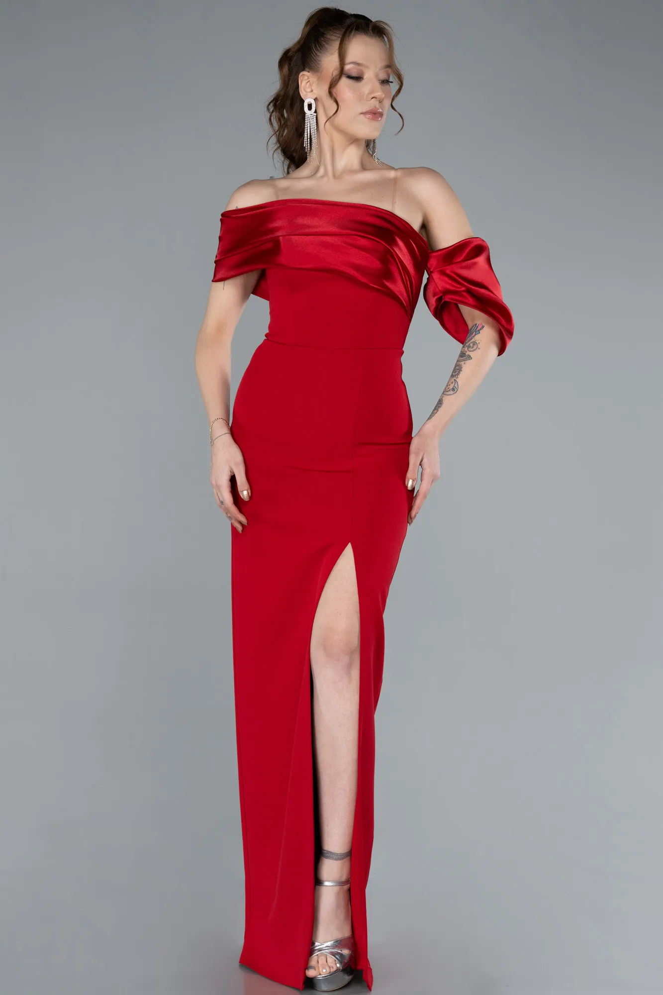 Red-Off Shoulder Satin Drape Slit Evening Gown ABU4024