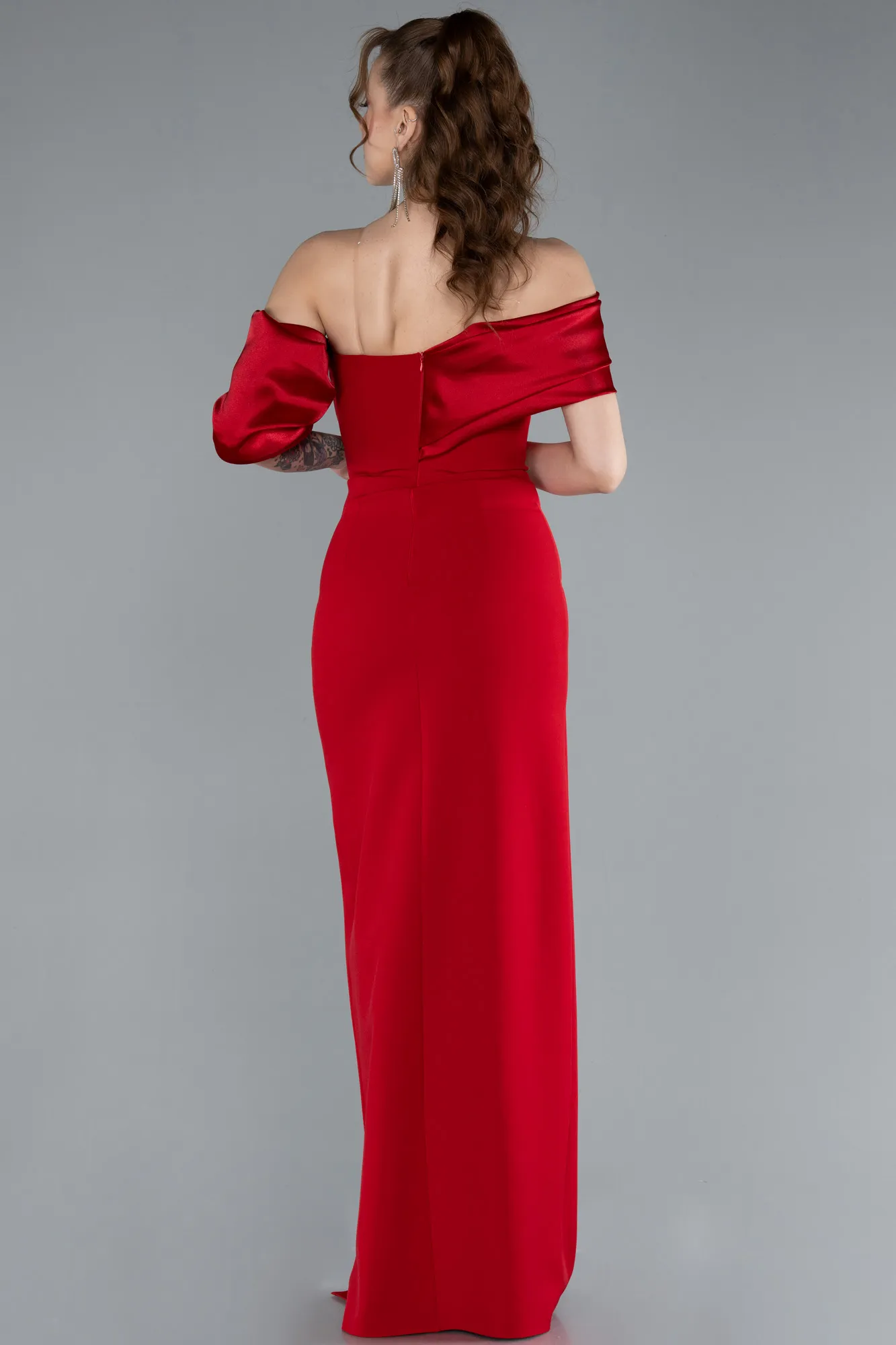 Red-Off Shoulder Satin Drape Slit Evening Gown ABU4024