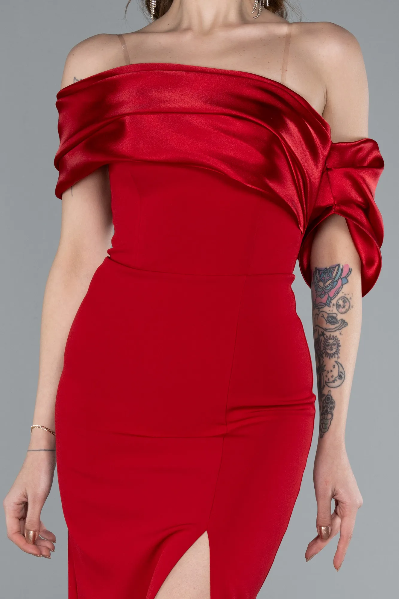 Red-Off Shoulder Satin Drape Slit Evening Gown ABU4024