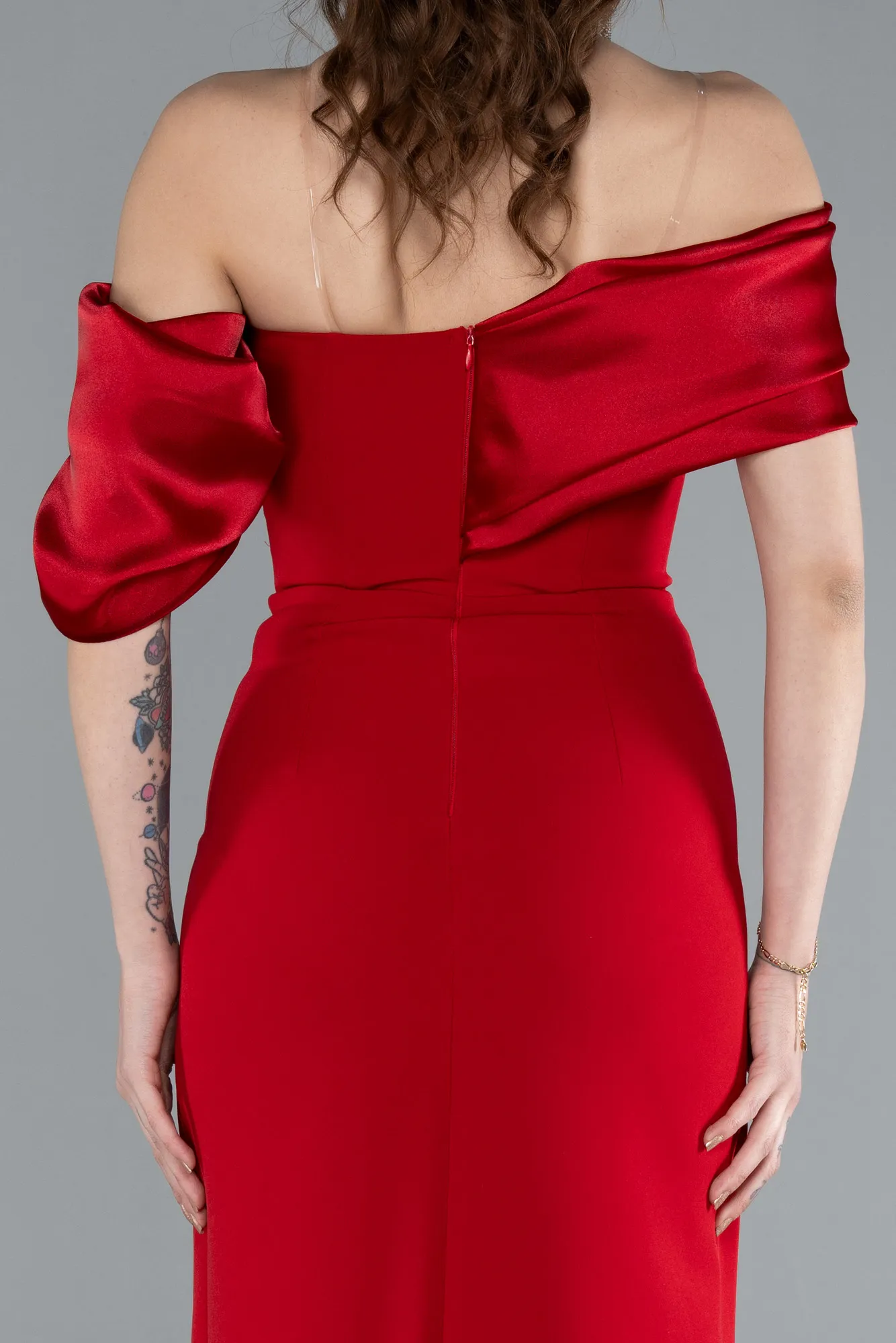 Red-Off Shoulder Satin Drape Slit Evening Gown ABU4024