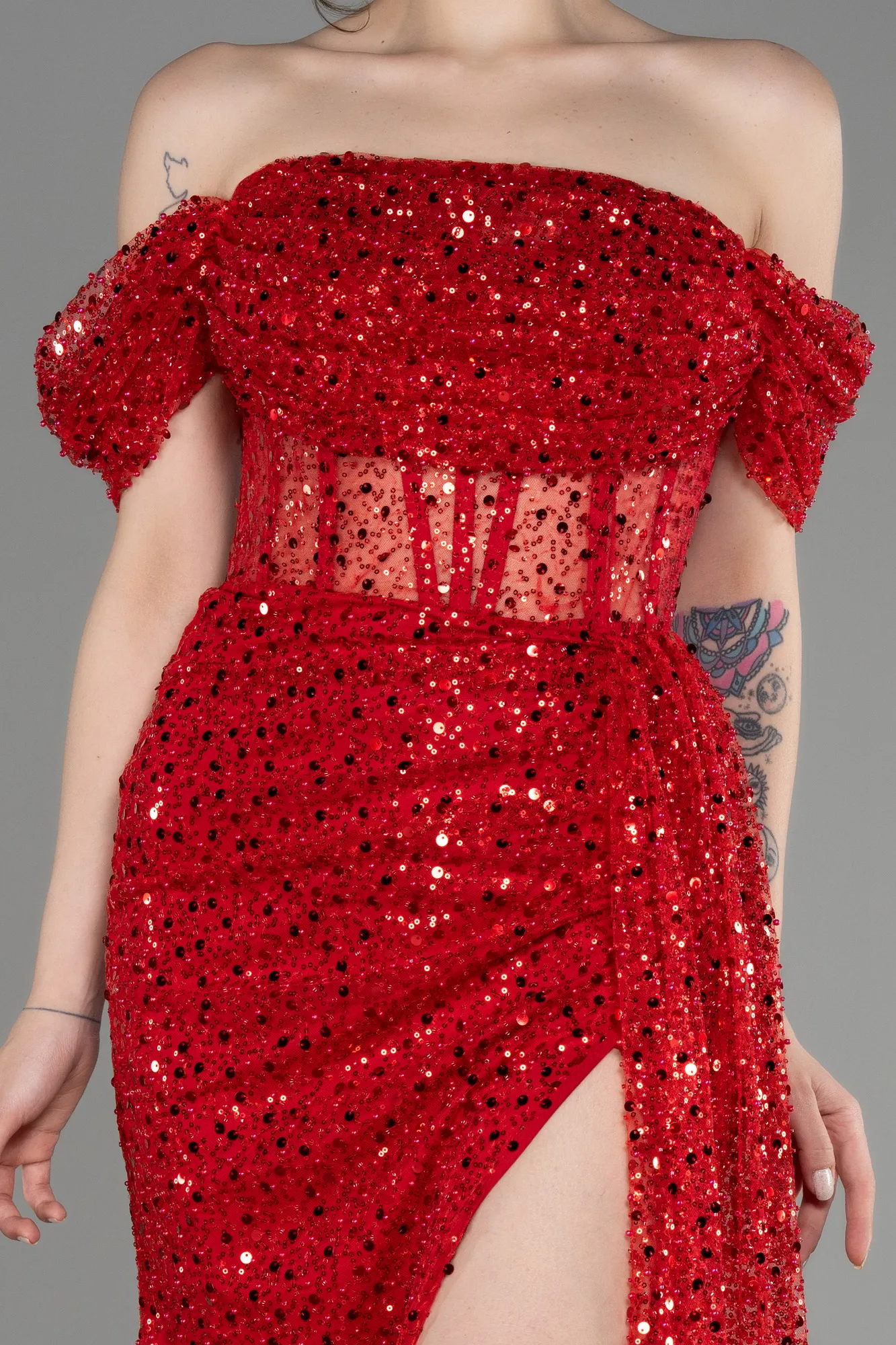 Red-Off-Shoulder Slit Long Scaly Evening Dress ABU3847