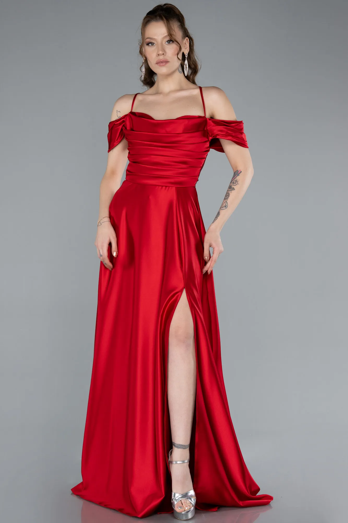 Red-Off The Shoulder Slit Long Satin Prom Dress ABU4703