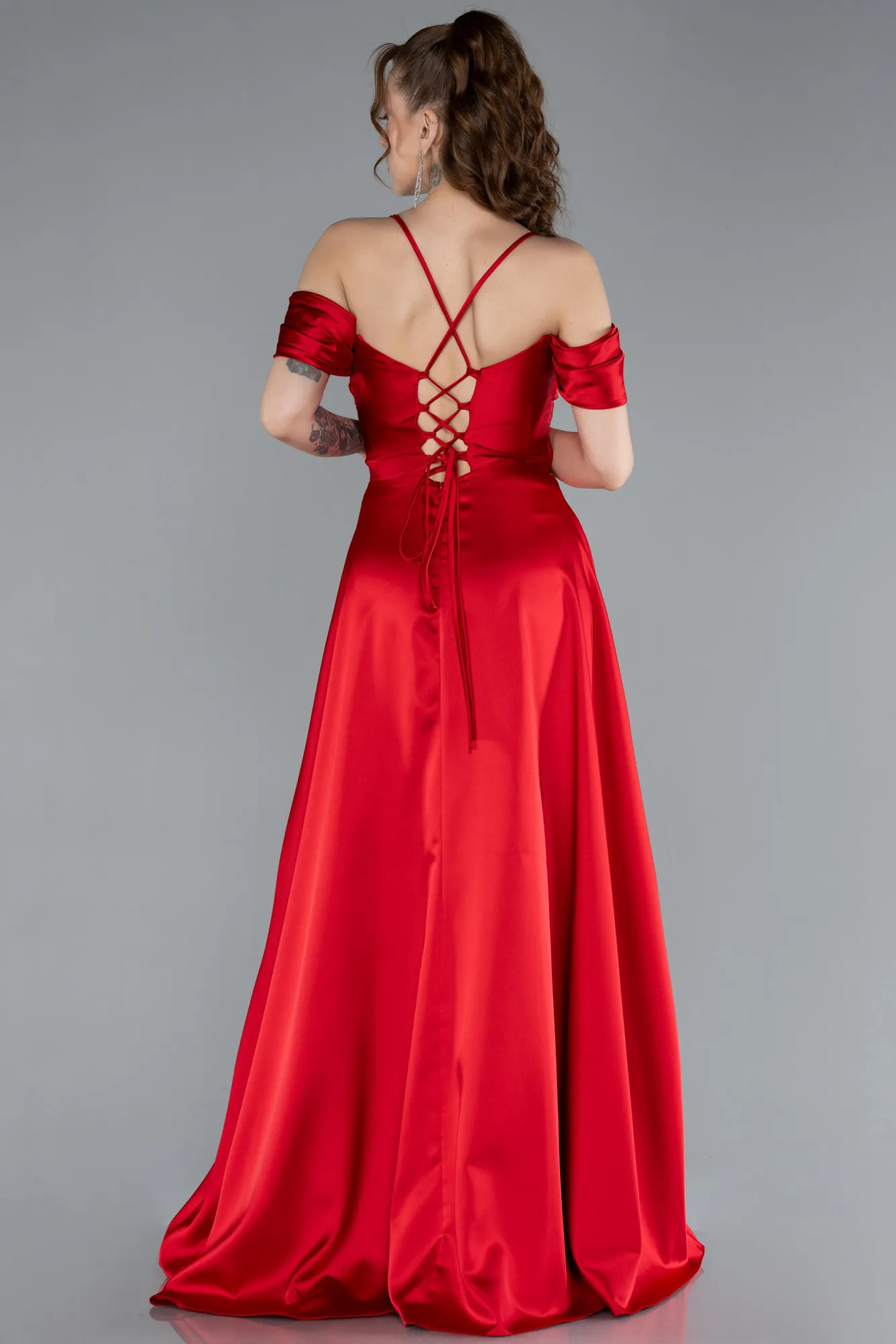 Red-Off The Shoulder Slit Long Satin Prom Dress ABU4703
