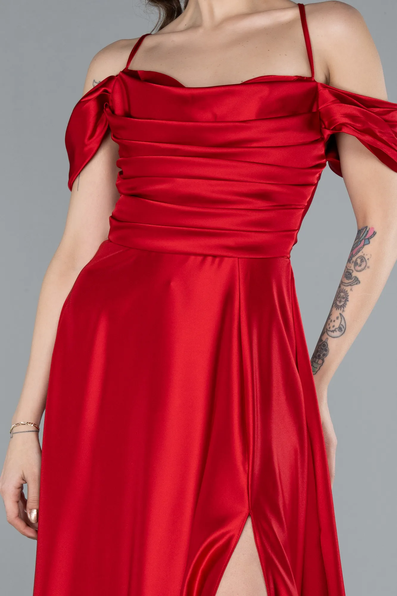 Red-Off The Shoulder Slit Long Satin Prom Dress ABU4703