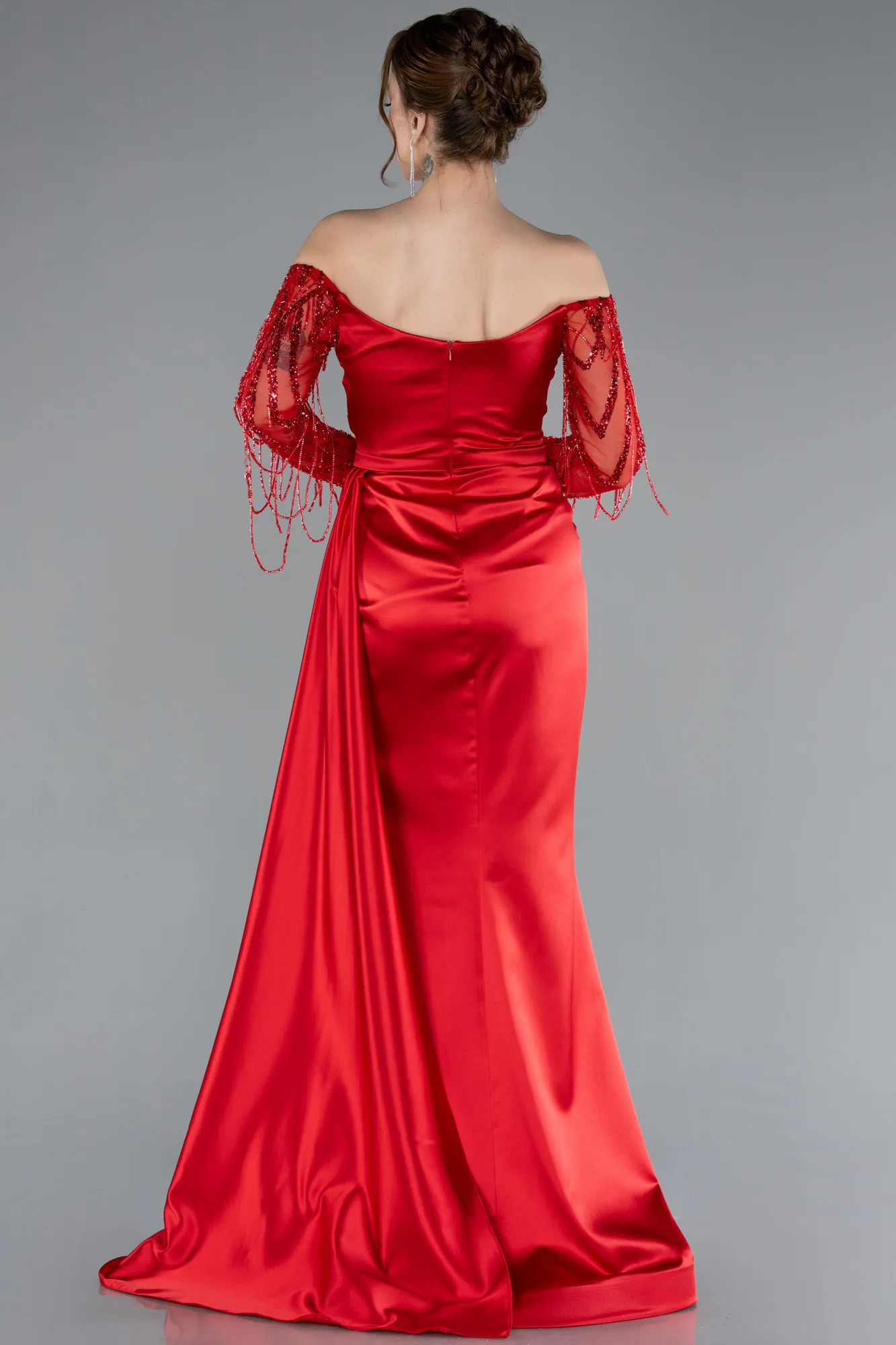 Red-Off The Shoulder Stone Long Sleeve Slit Satin Evening Gown ABU4792