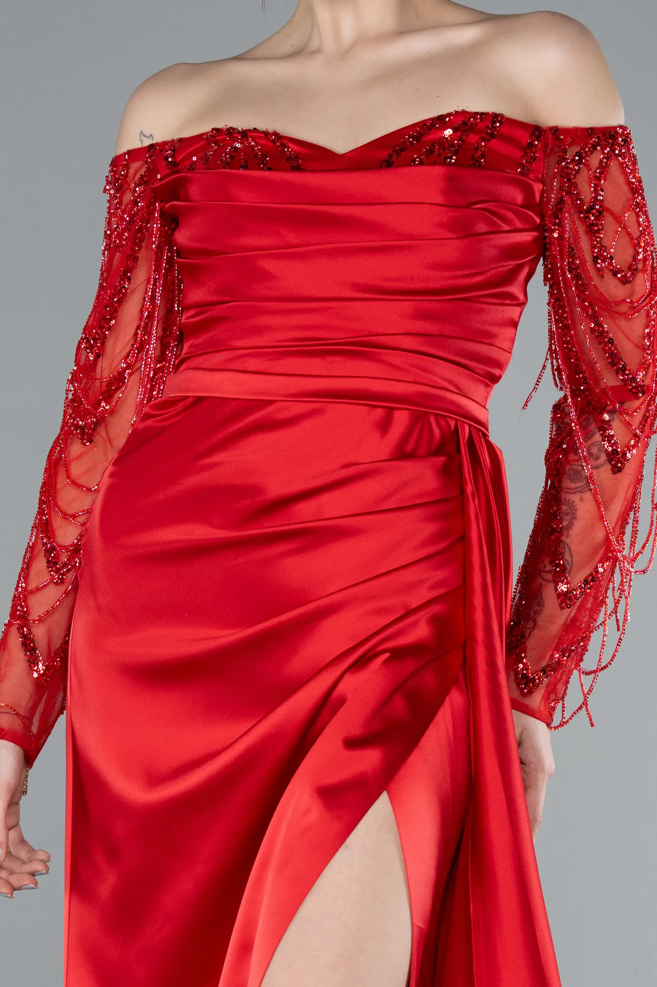 Red-Off The Shoulder Stone Long Sleeve Slit Satin Evening Gown ABU4792