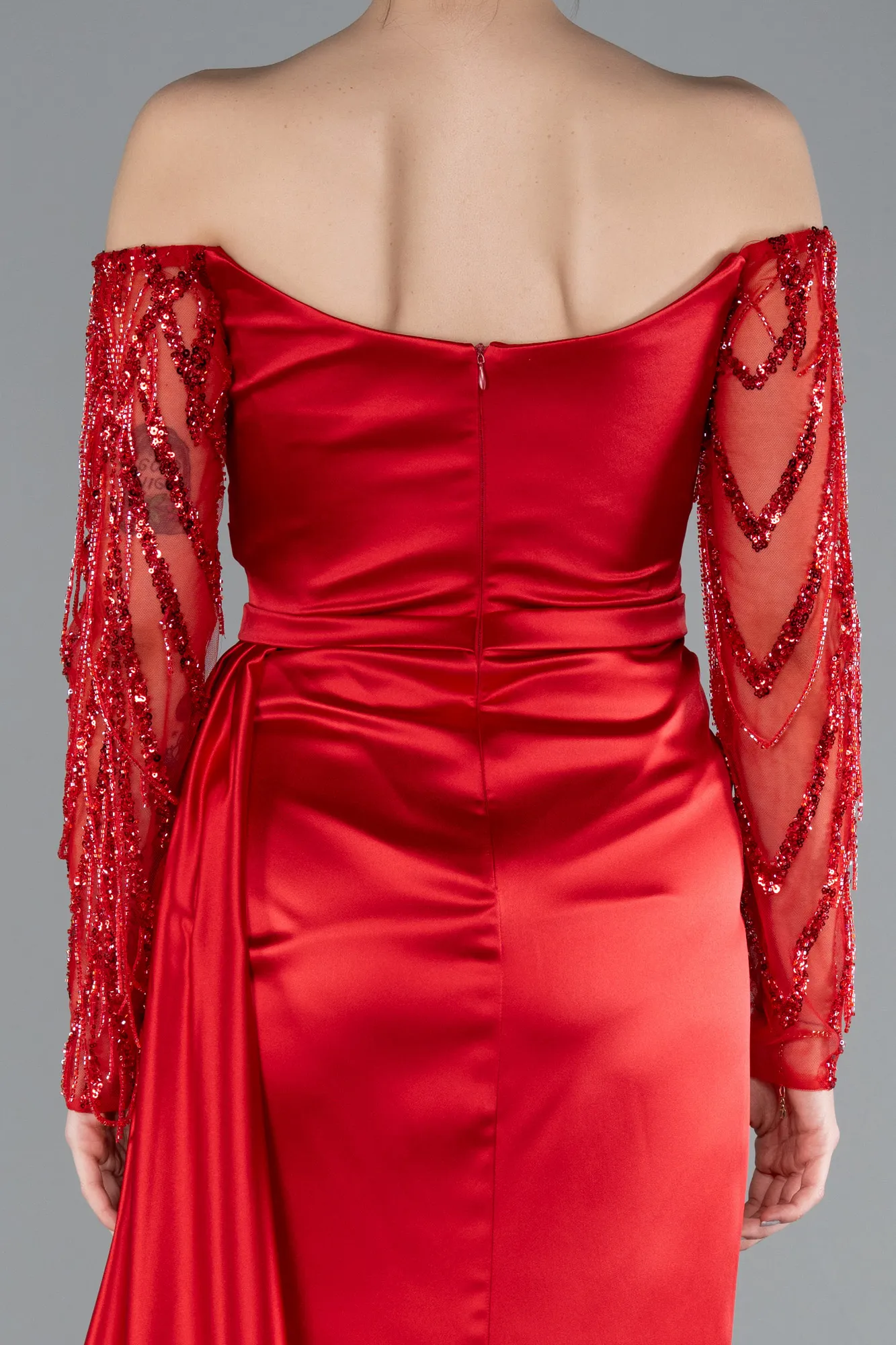 Red-Off The Shoulder Stone Long Sleeve Slit Satin Evening Gown ABU4792