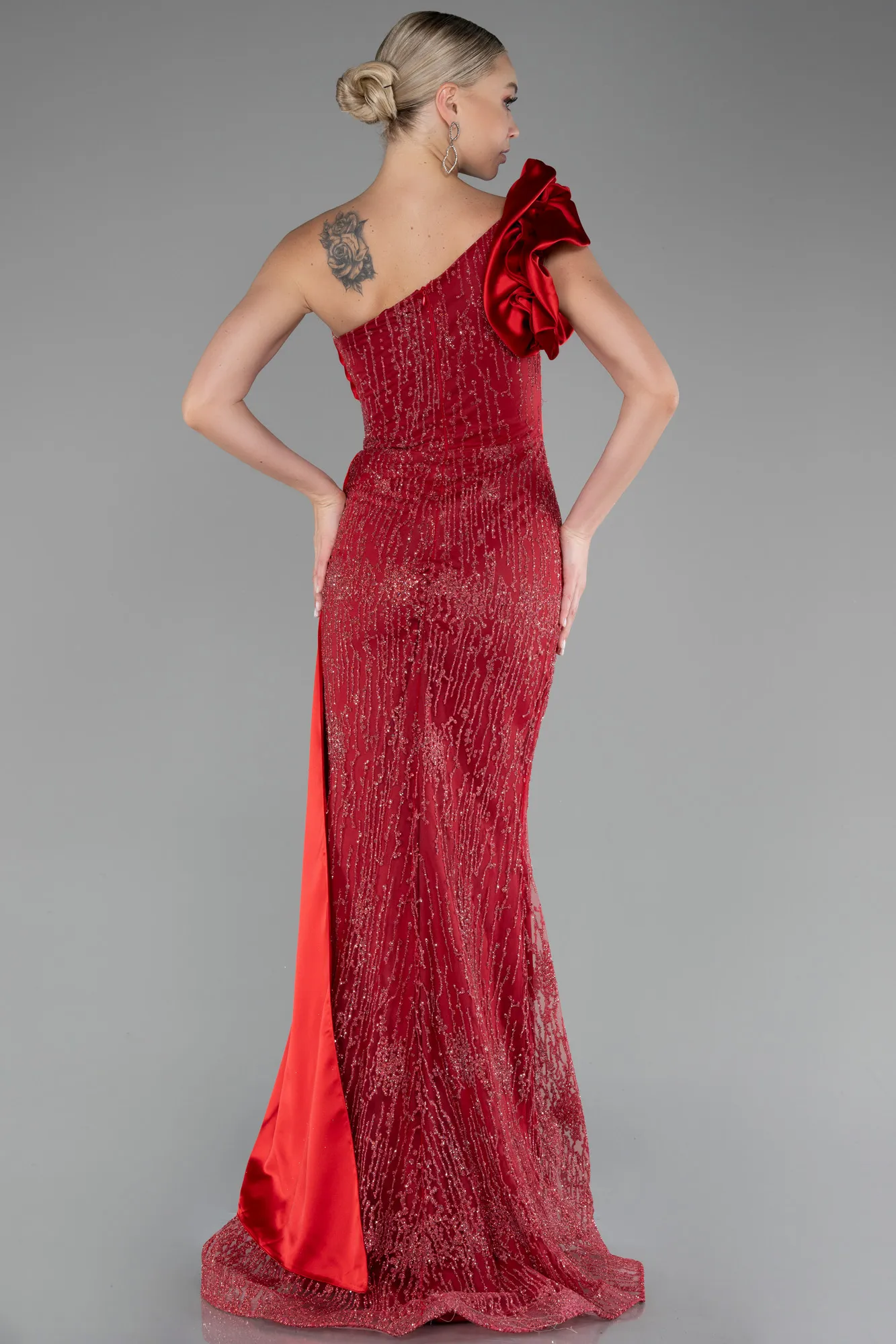 Red-One Shoulder Glitter Long Evening Gown ABU4059