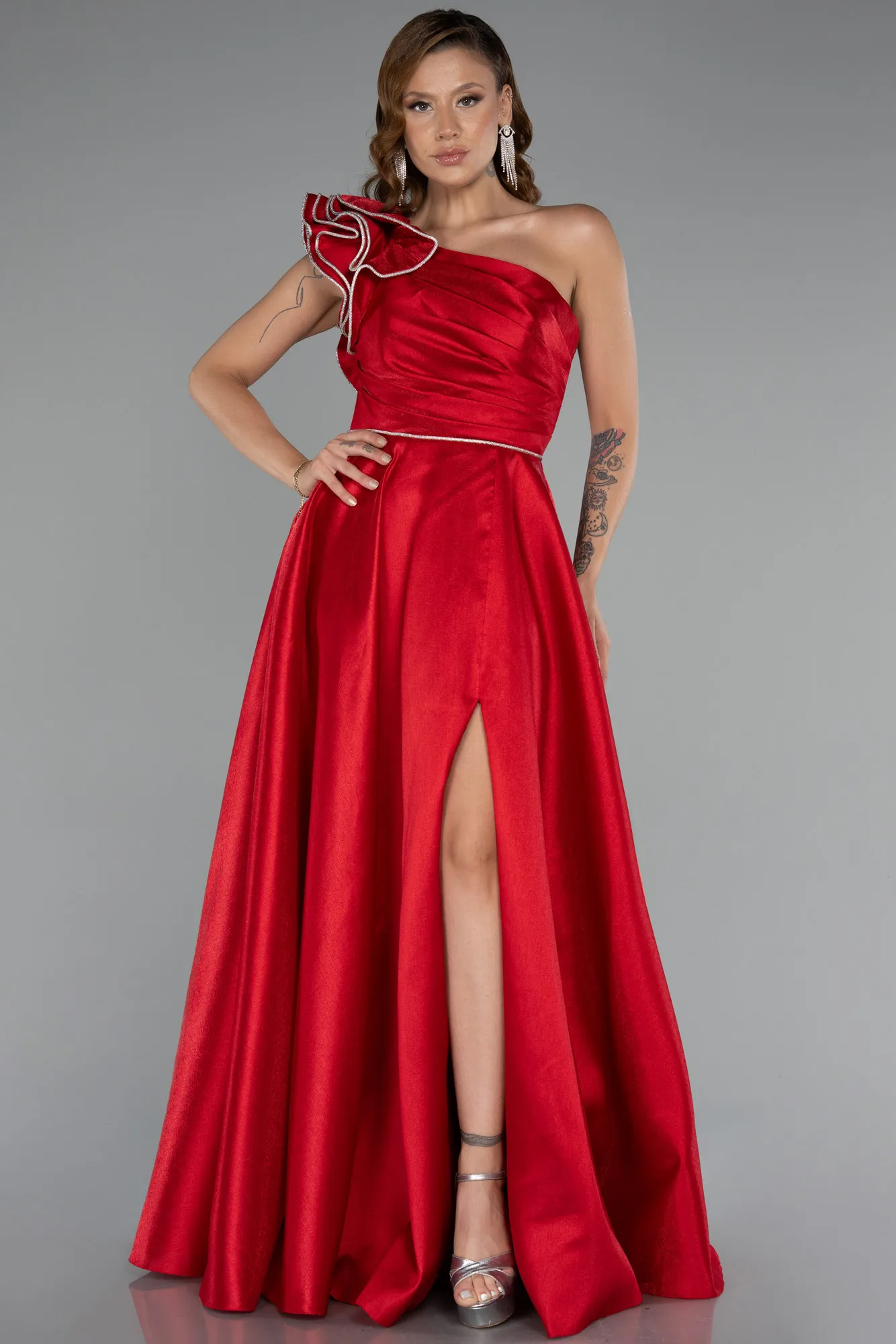 Red-One Shoulder High Slit Long Taffeta Prom Evening Dress ABU4782