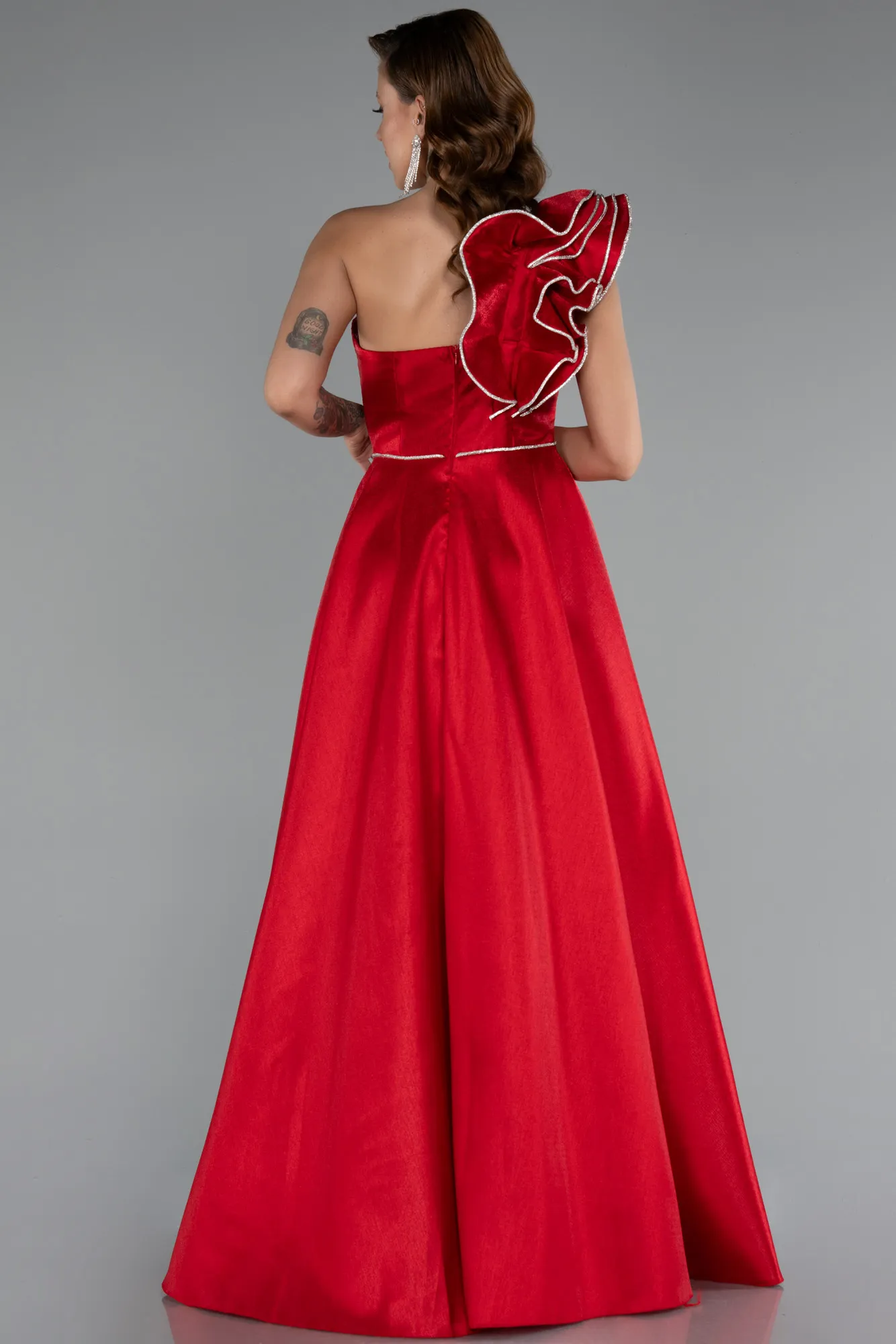 Red-One Shoulder High Slit Long Taffeta Prom Evening Dress ABU4782