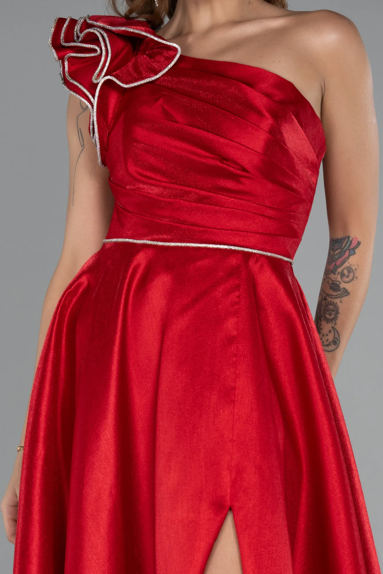 Red-One Shoulder High Slit Long Taffeta Prom Evening Dress ABU4782