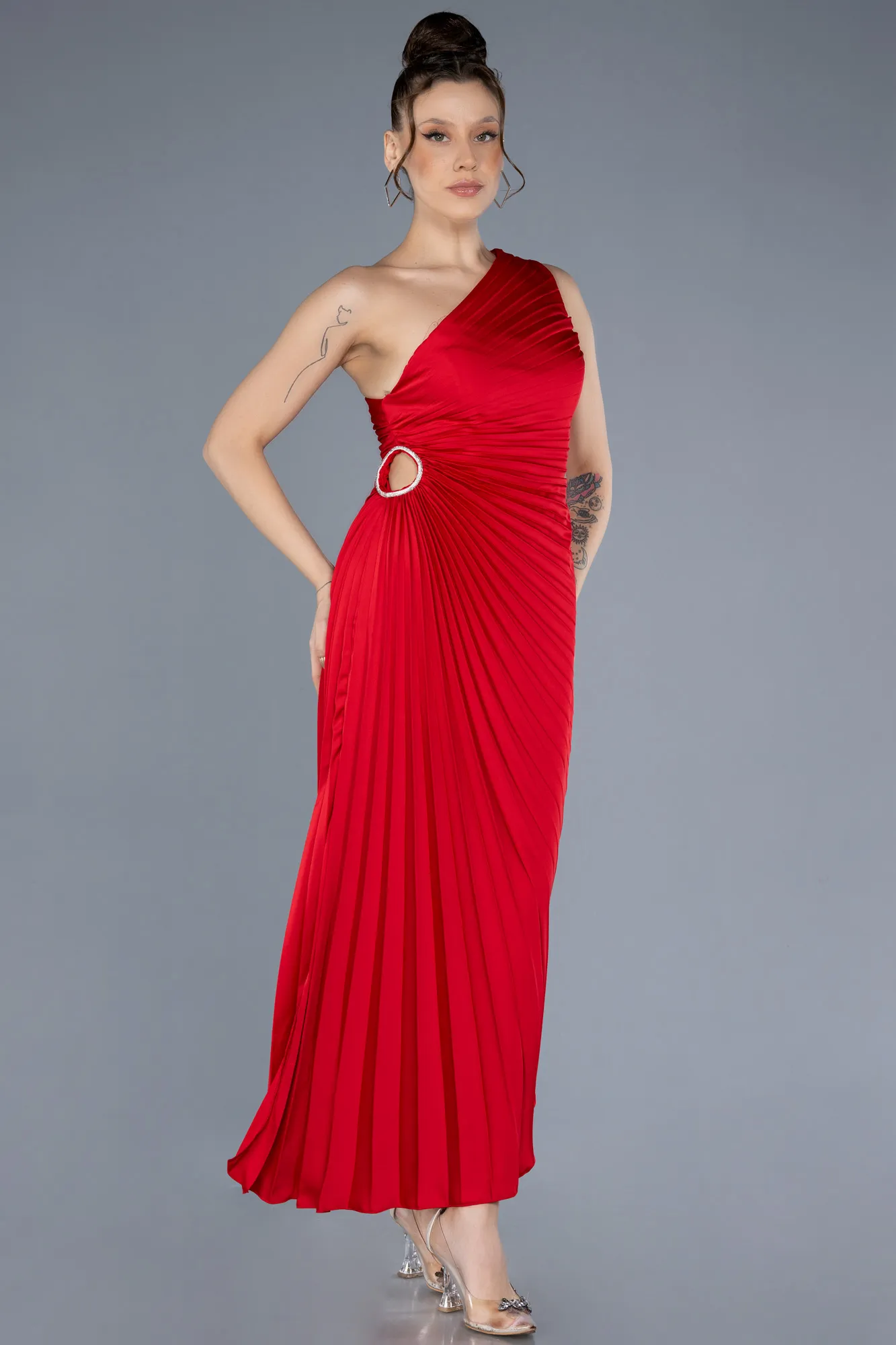 Red-One Shoulder Midi Satin Cocktail Dress ABK2046