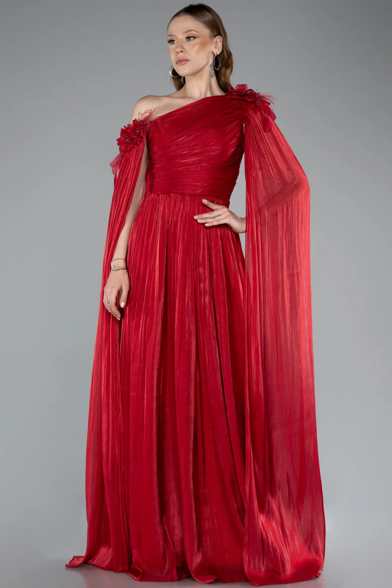 Red-One Shoulder Shawl Sleeve Long Chiffon Evening Dress ABU4809