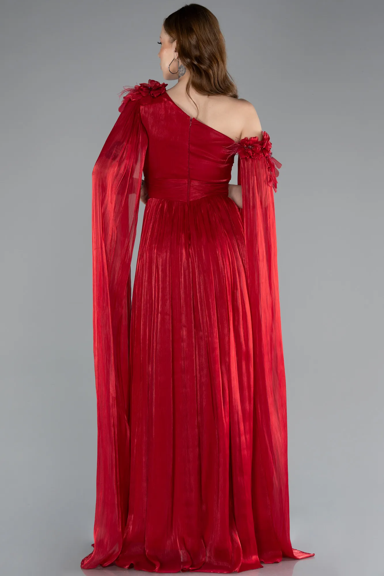 Red-One Shoulder Shawl Sleeve Long Chiffon Evening Dress ABU4809