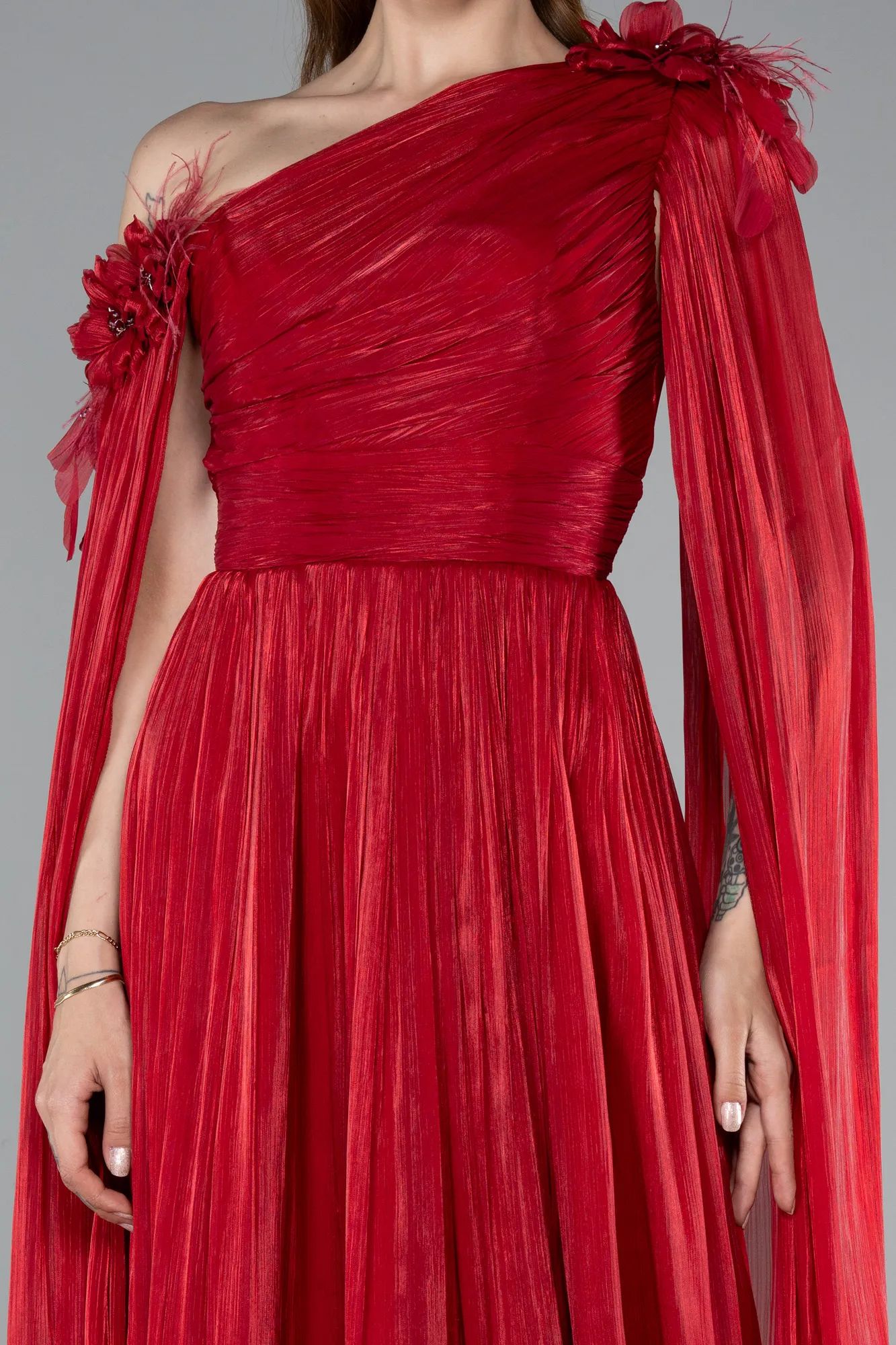 Red-One Shoulder Shawl Sleeve Long Chiffon Evening Dress ABU4809