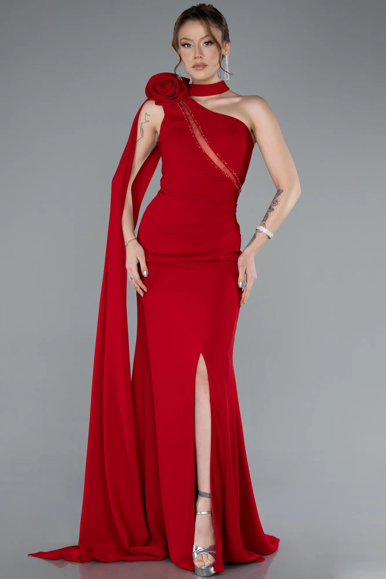Red-One Shoulder Shawl Slit Long Evening Gown ABU4808
