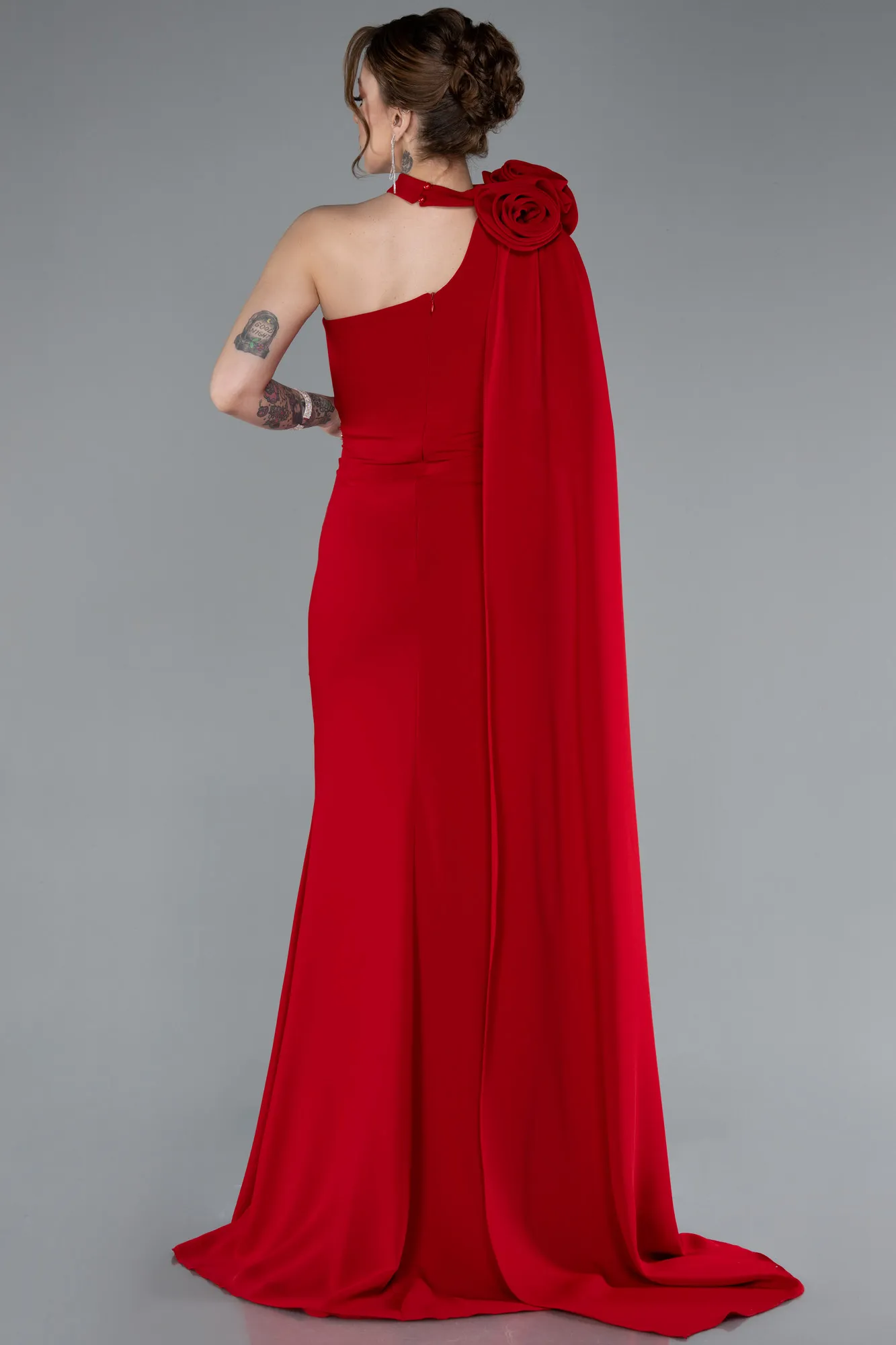 Red-One Shoulder Shawl Slit Long Evening Gown ABU4808