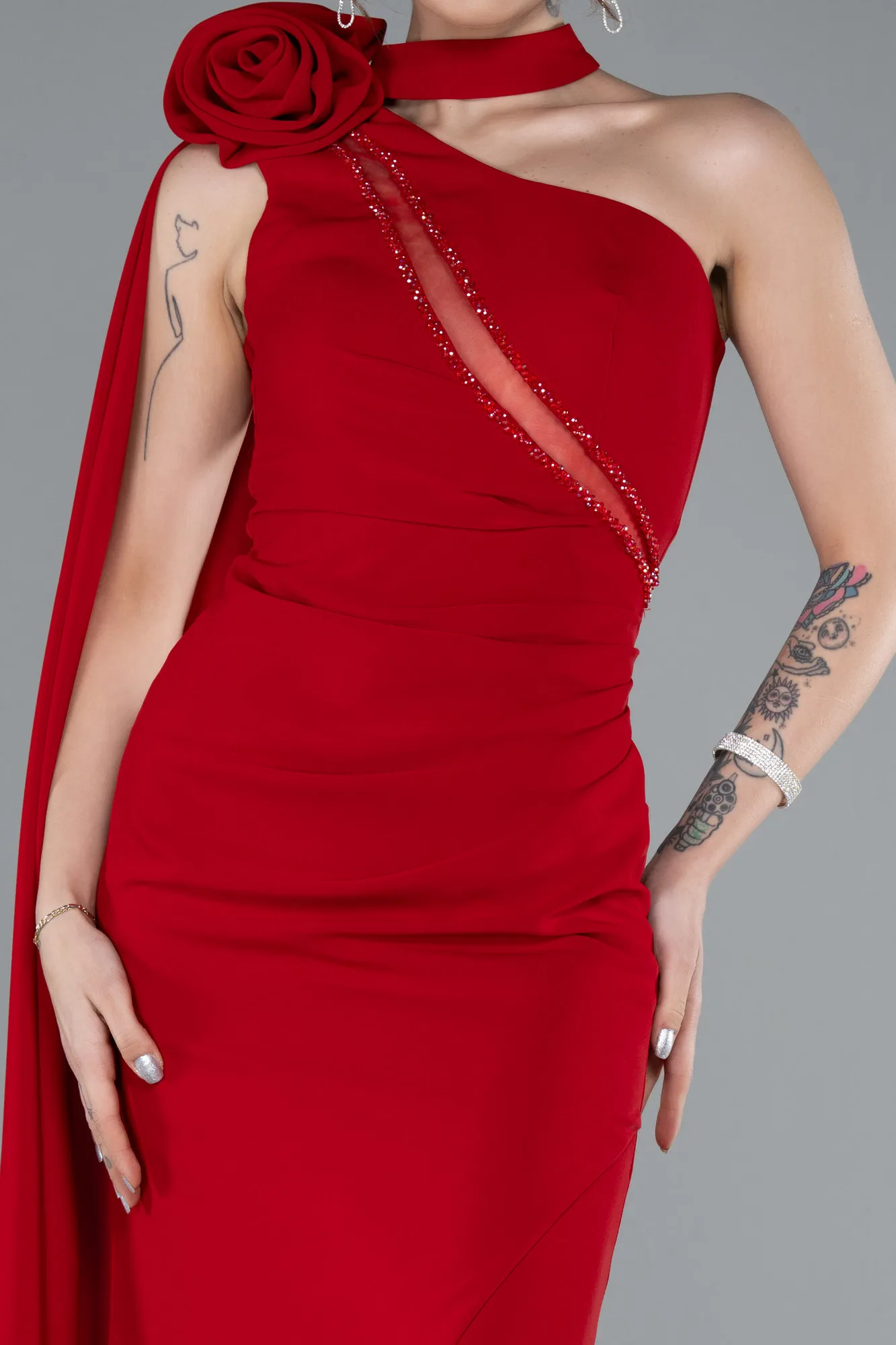 Red-One Shoulder Shawl Slit Long Evening Gown ABU4808