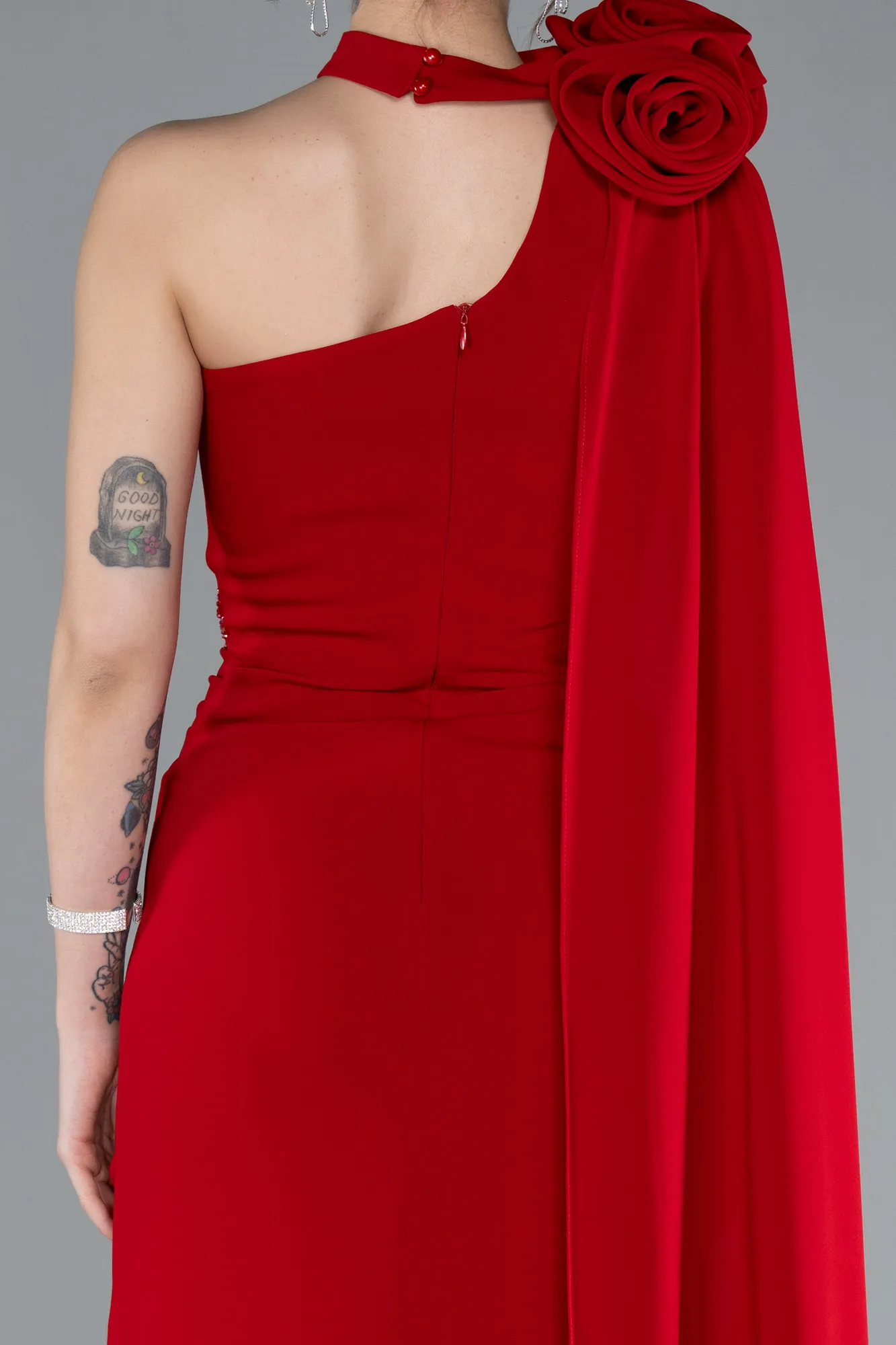 Red-One Shoulder Shawl Slit Long Evening Gown ABU4808