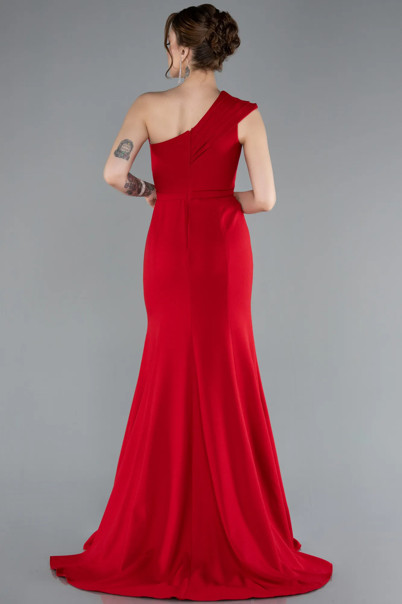 Red-One Shoulder Slit Long Evening Gown ABU4793