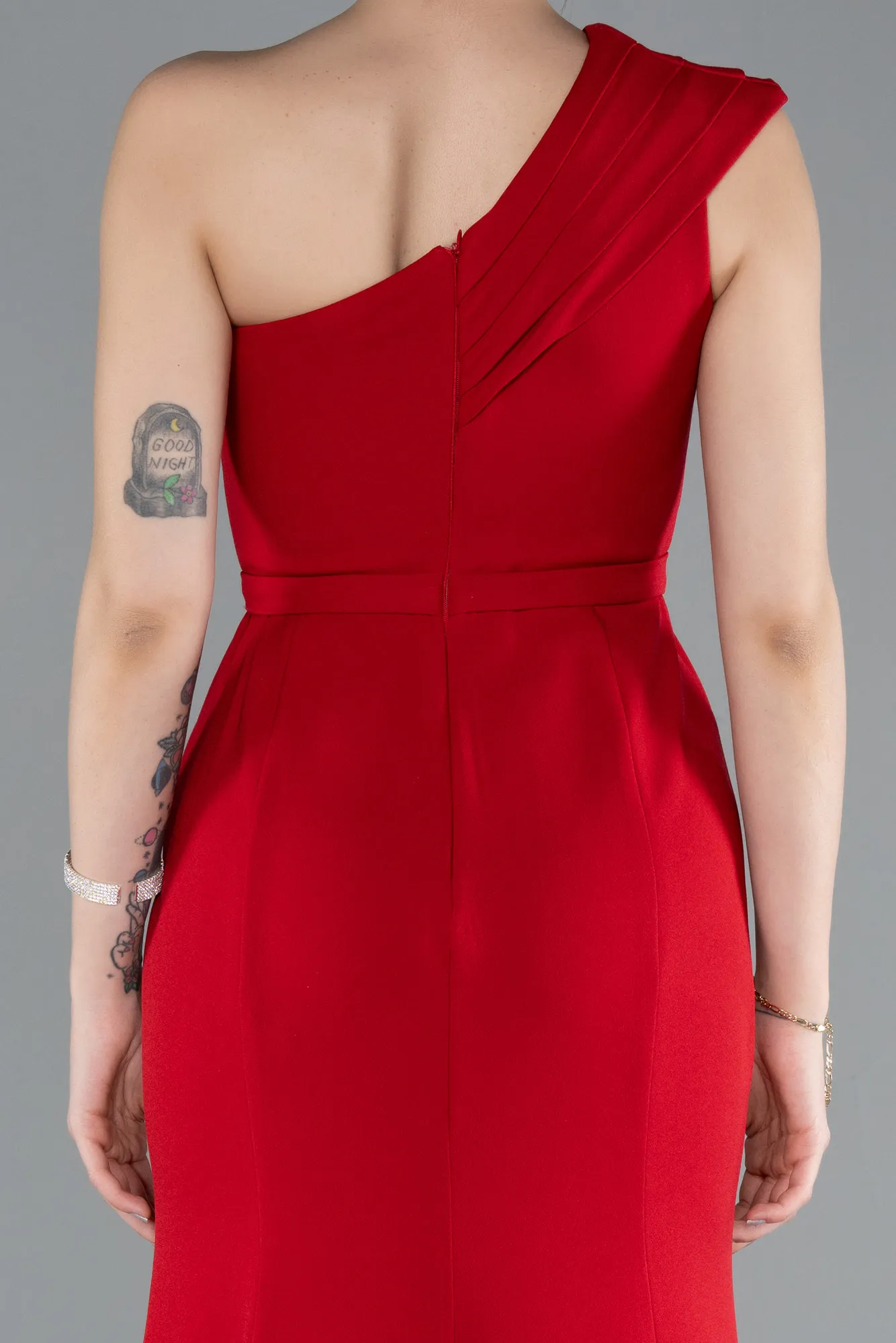 Red-One Shoulder Slit Long Evening Gown ABU4793