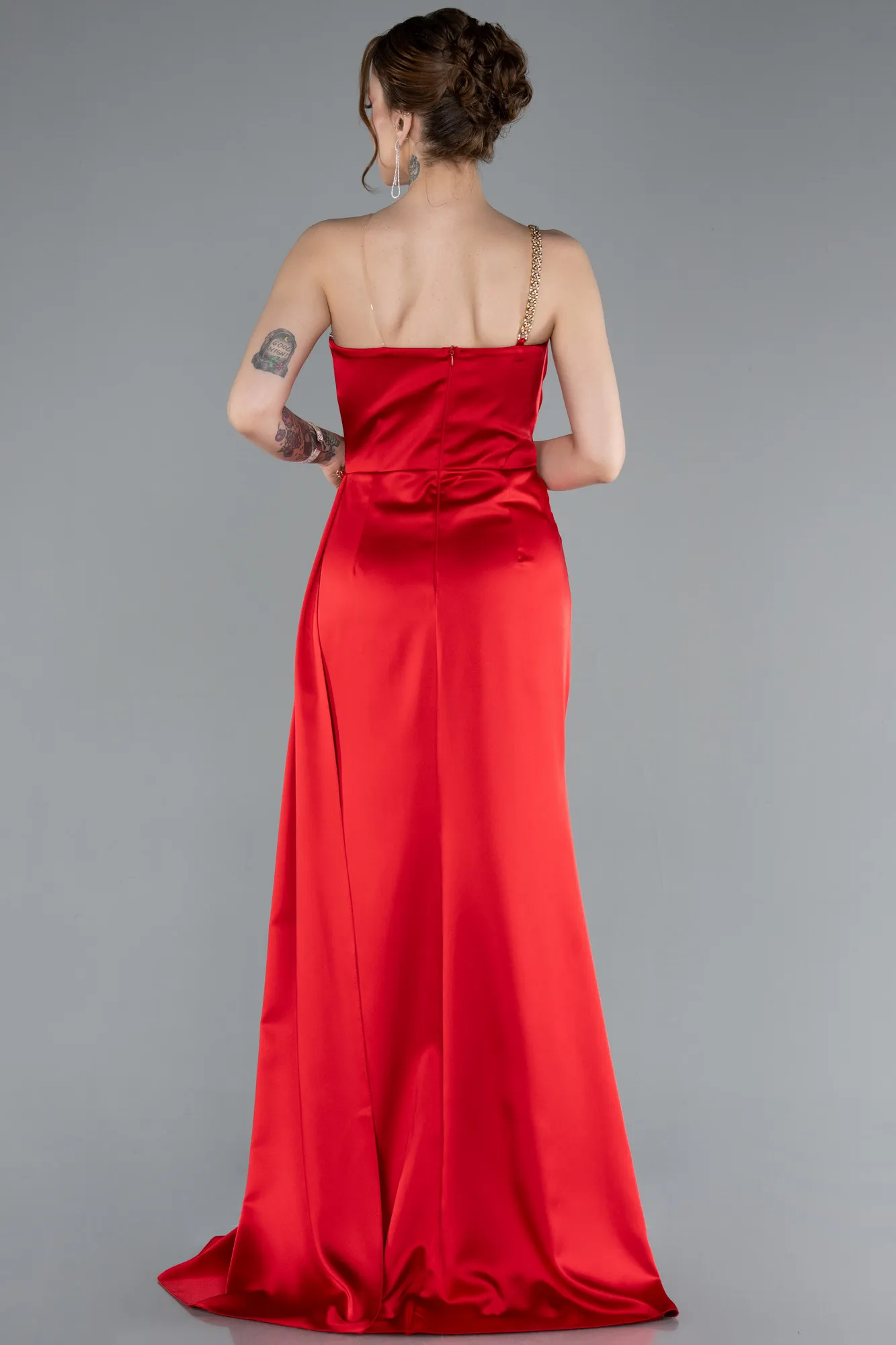 Red-One Shoulder Slit Long Satin Evening Dress ABU4802