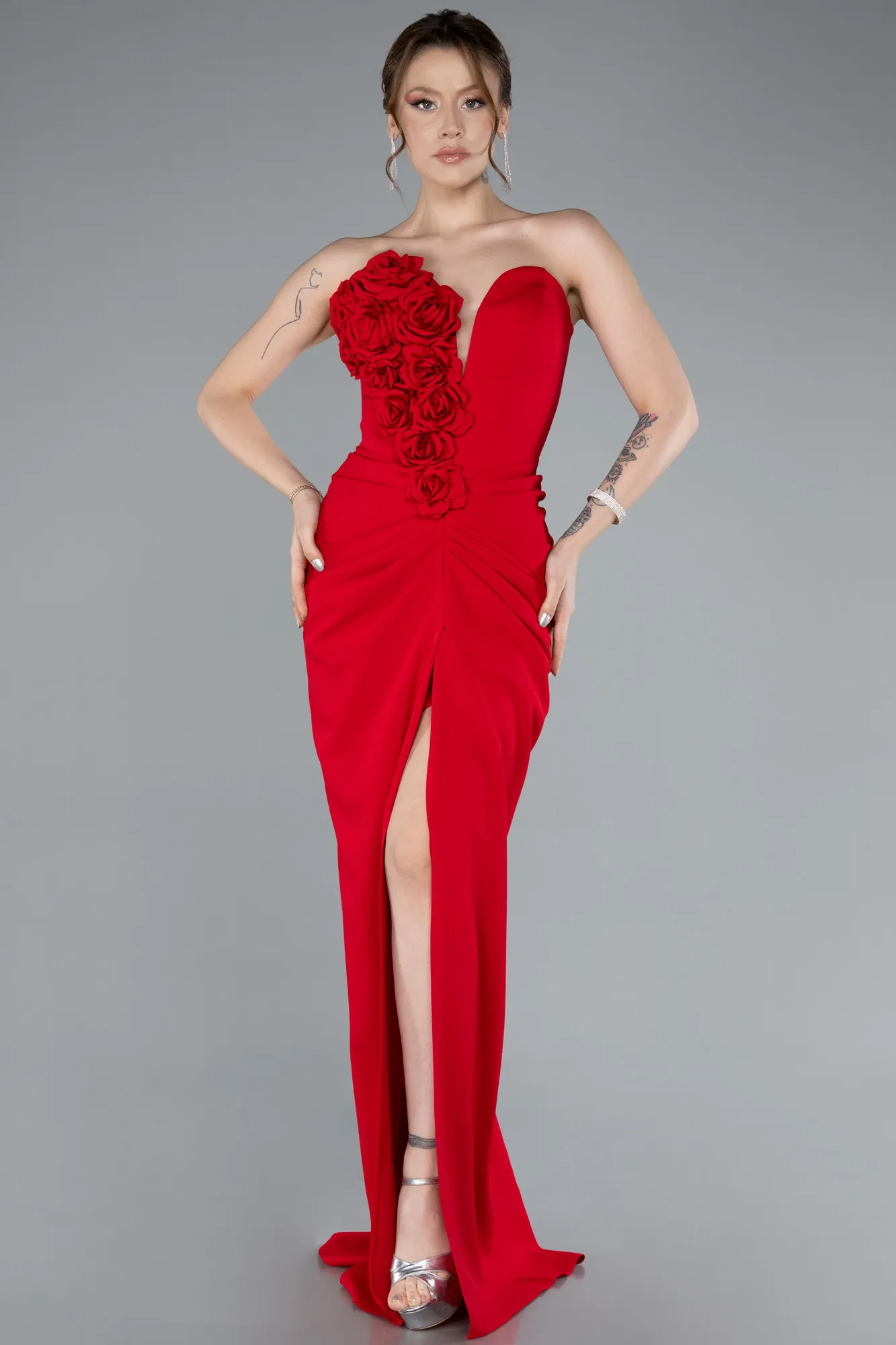 Red-Rose Strapless Slit Long Mermaid Evening Gown ABU4800