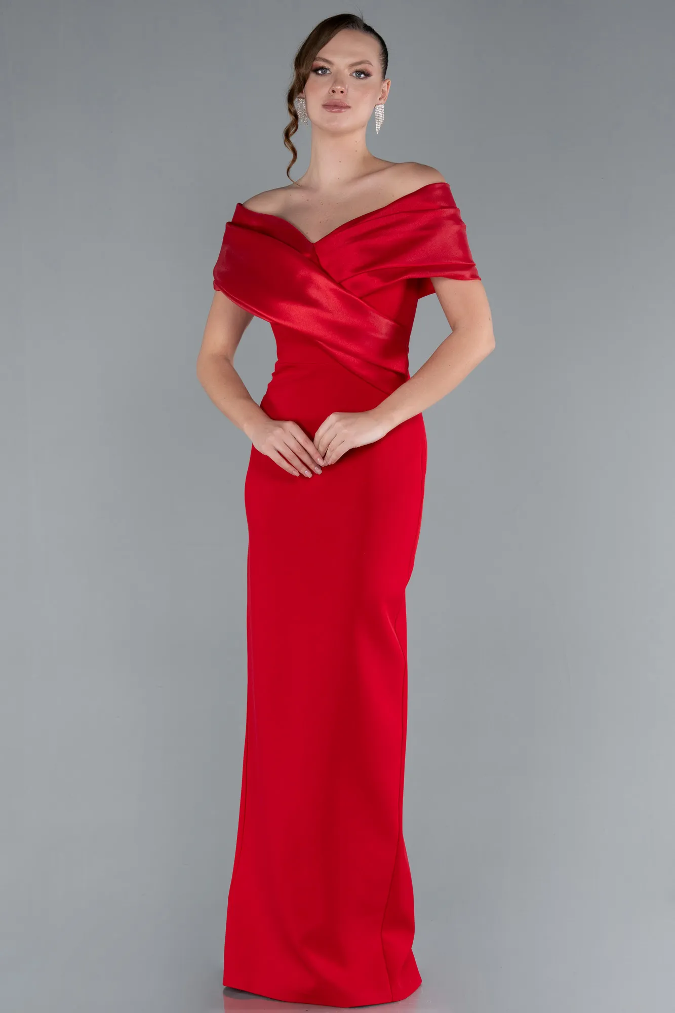 Red-Satin Boat Neck Long Mermaid Dress ABU4731