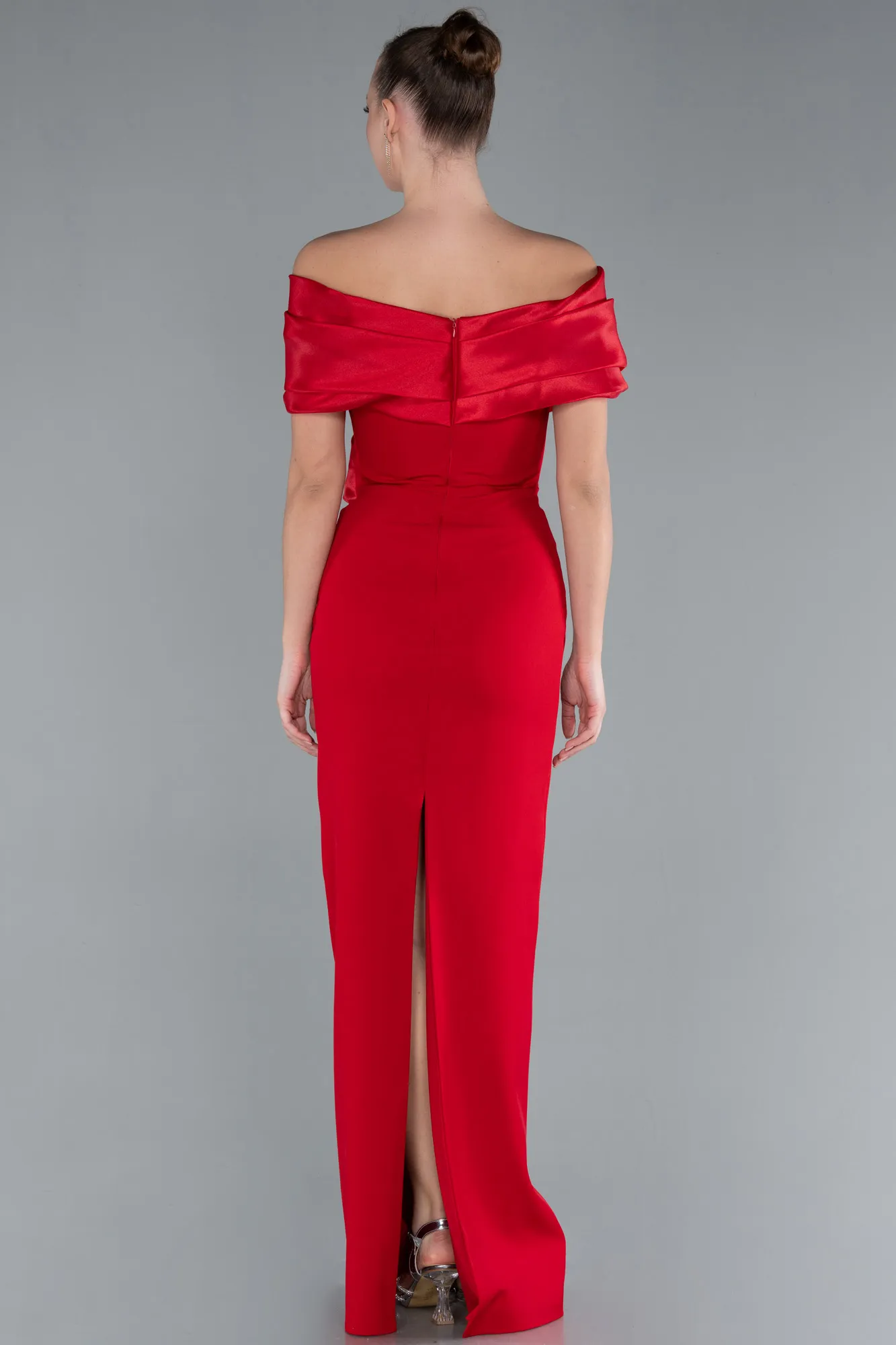 Red-Satin Boat Neck Long Mermaid Dress ABU4731